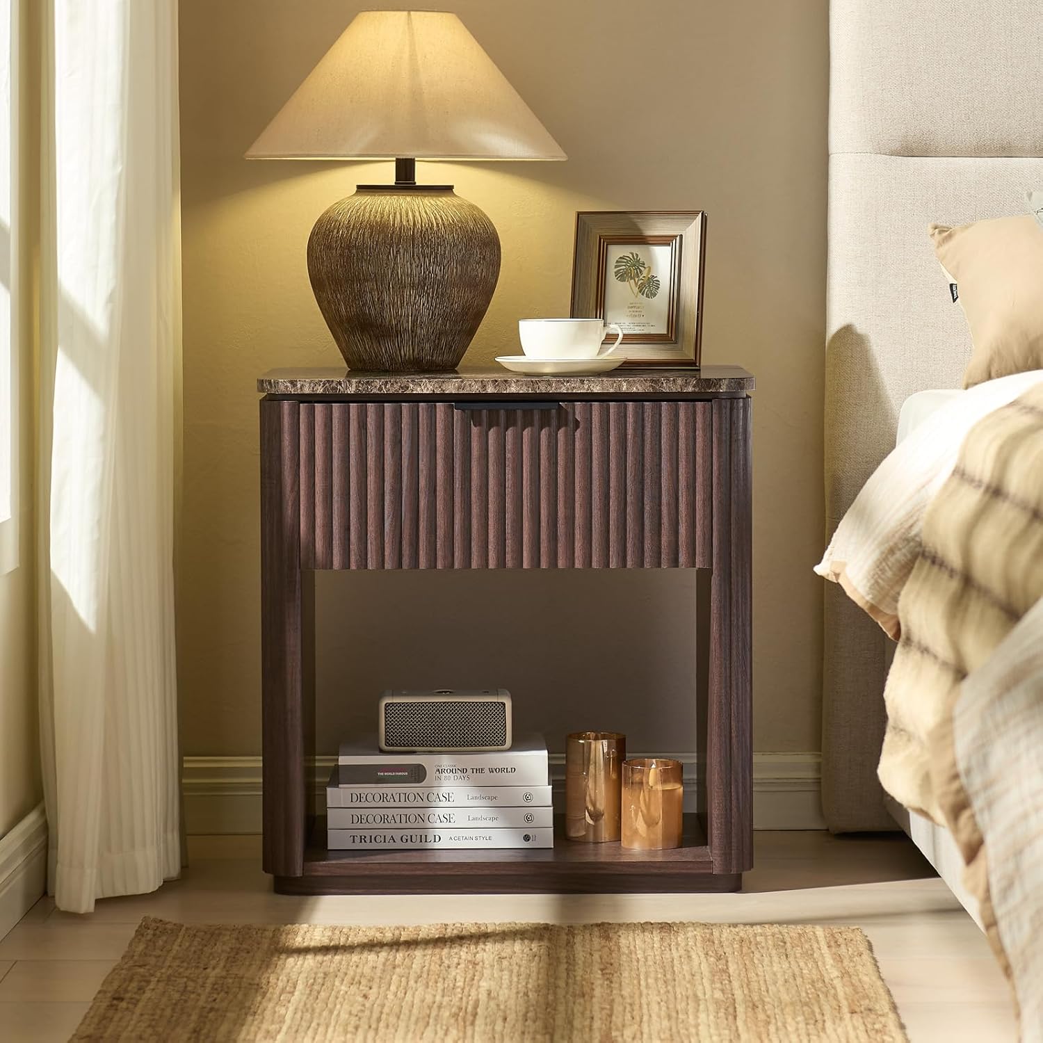 Fluted Nightstand Set of 2, Bedside Table with Faux Marble-Top, Engineered Wood Side Table with Drawer Open Shelf, Curved Corners, Modern Night Stand for Bedroom, Small Spaces, Dark Oak