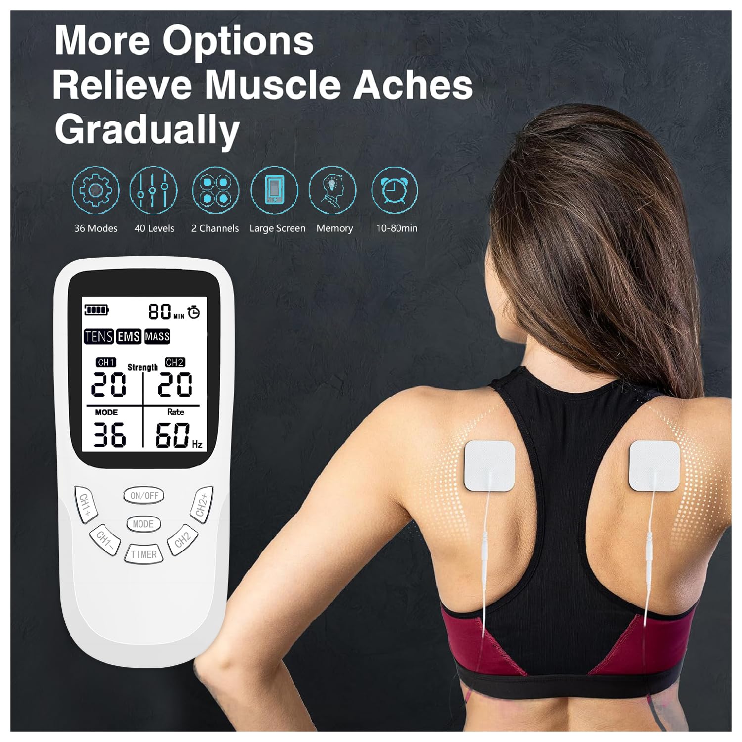 TENS Professionale Elettrostimolatore Muscolare Ricaricabile con USB–36 Programmi,40 Livelli di Intensità,Sollievo Dolore Cronico e Acuto,Rilassare per Schiena,Cervicale,Articolazioni,Sciatica e Corpo