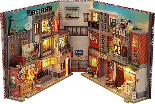 Flever Kit en miniatura de rincón de libro para casa de muñecas, decoración de estante de estilo chino, rompecabezas de madera 3D, kit en miniatura