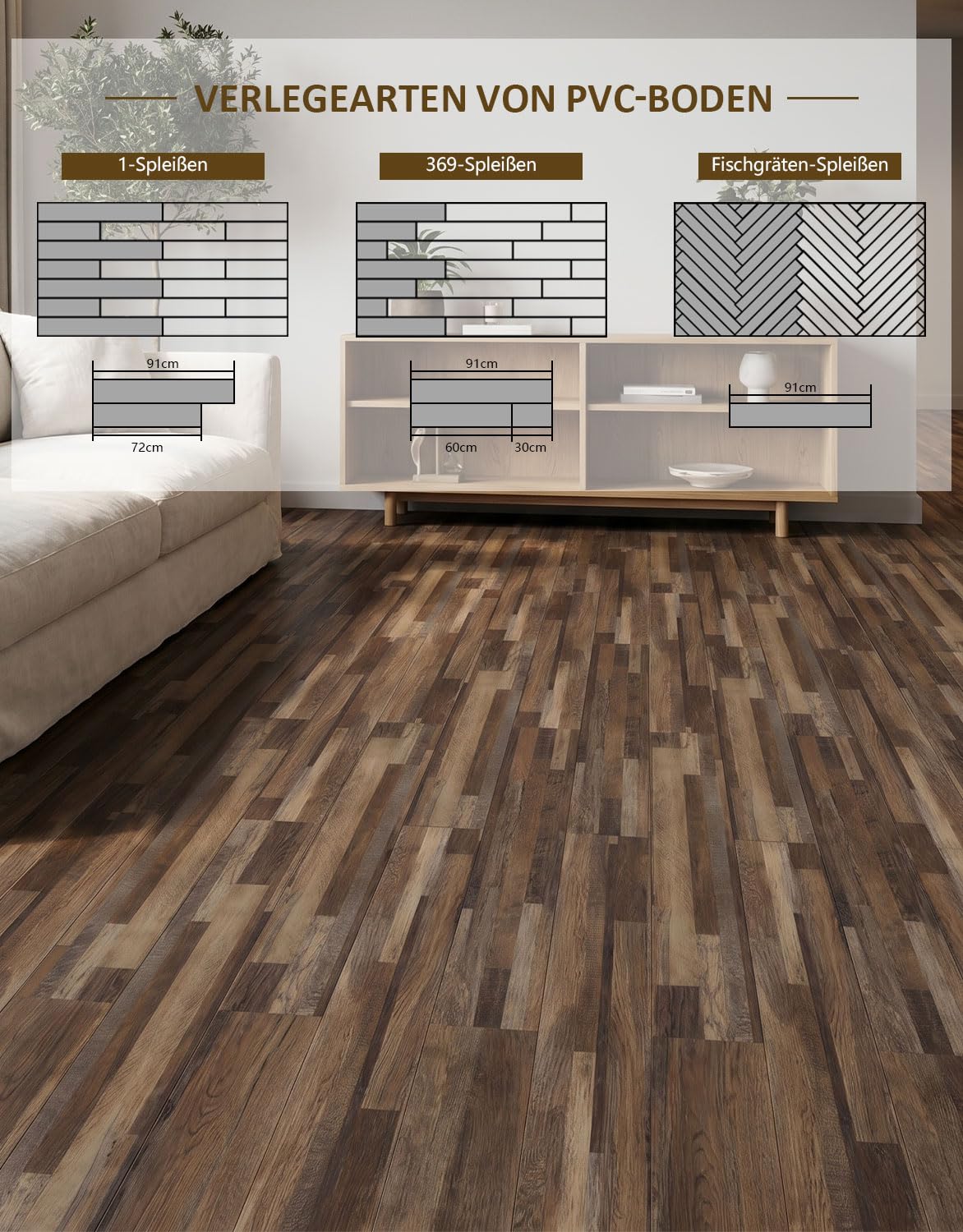 PVC Bodenfliesen Selbstklebend – 36 Stück,5,01 m², Wasserfest & Rutschfest – Vinyl Bodenaufkleber für Wohnzimmer & Schlafzimmer (Braun, 91,4 x 15,2 x 0,1 cm)