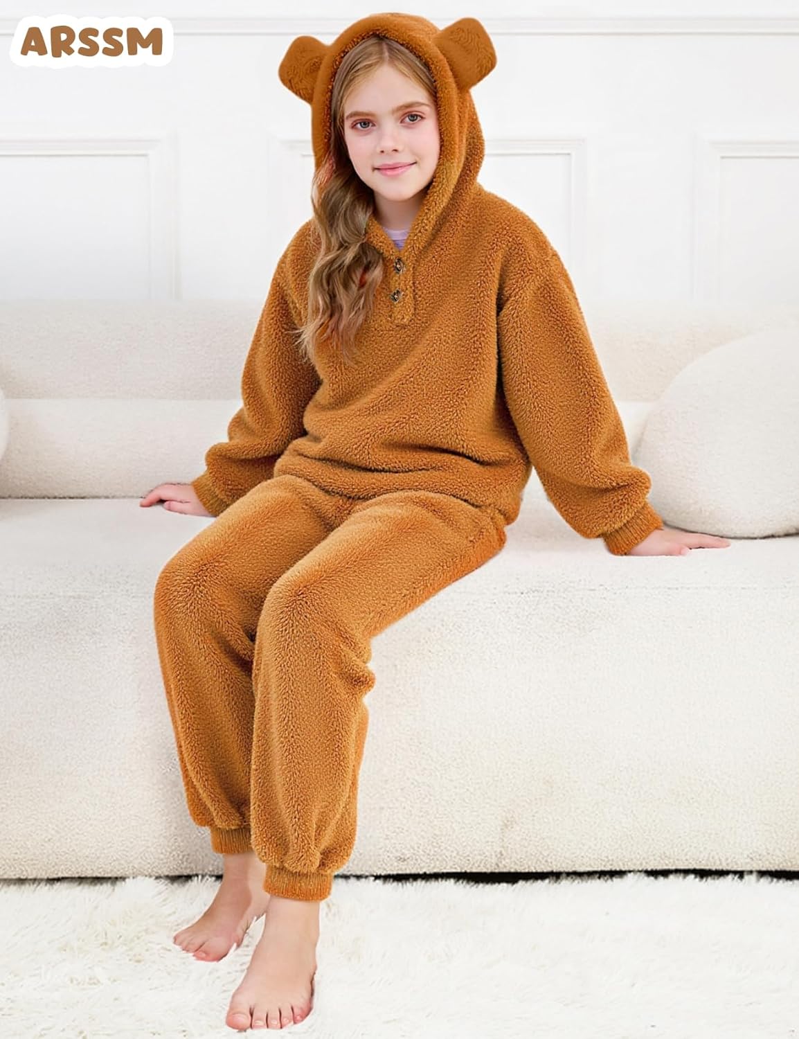 Arssm Girls Fuzzy Pants Set Bear Ear Fuzzy Hoodie Sweatshirt and Sweatpant Kids Clothing Sets