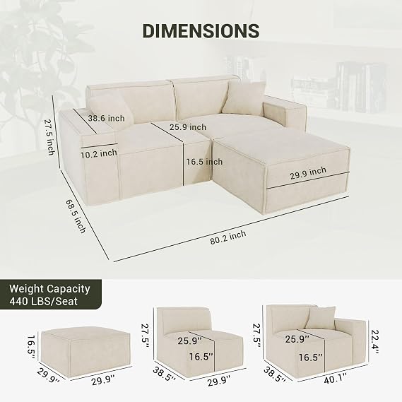 Cloud Modular Sectional Sofa,Boneless Couch,Chenille,Cream White