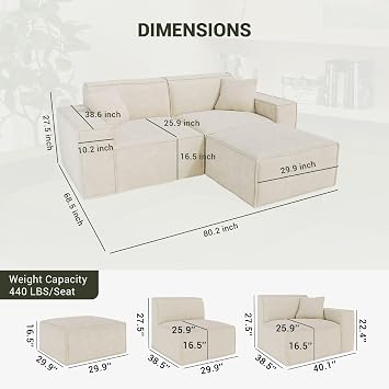 Cloud Modular Sectional Sofa,Boneless Couch,Chenille,Cream White