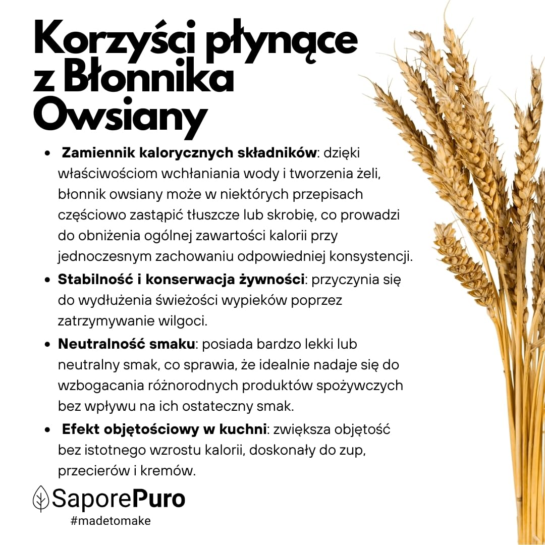 SaporePuro Błonnik Owsiany 1 kg - Bezglutenowy - Naturalne źródło błonnika