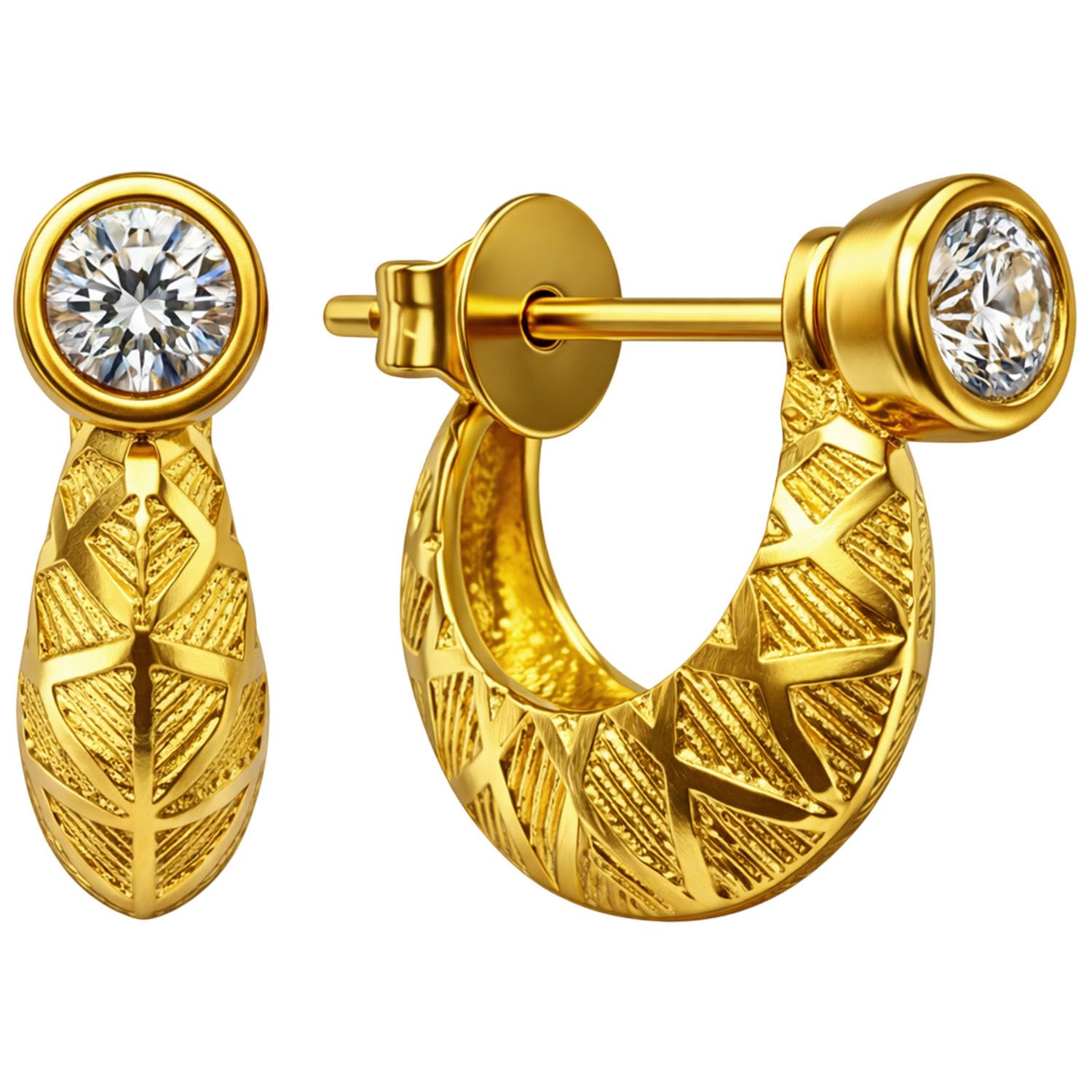 vama FASHIONS 18K Gold Plated Anti Tarnish Crystal Stone Round Textured Smooth Design Kaju Bali Stud Huggie Hoop Ear Rings Piercing Kan Ki Baali Earrings For Men & Boys-picture-16