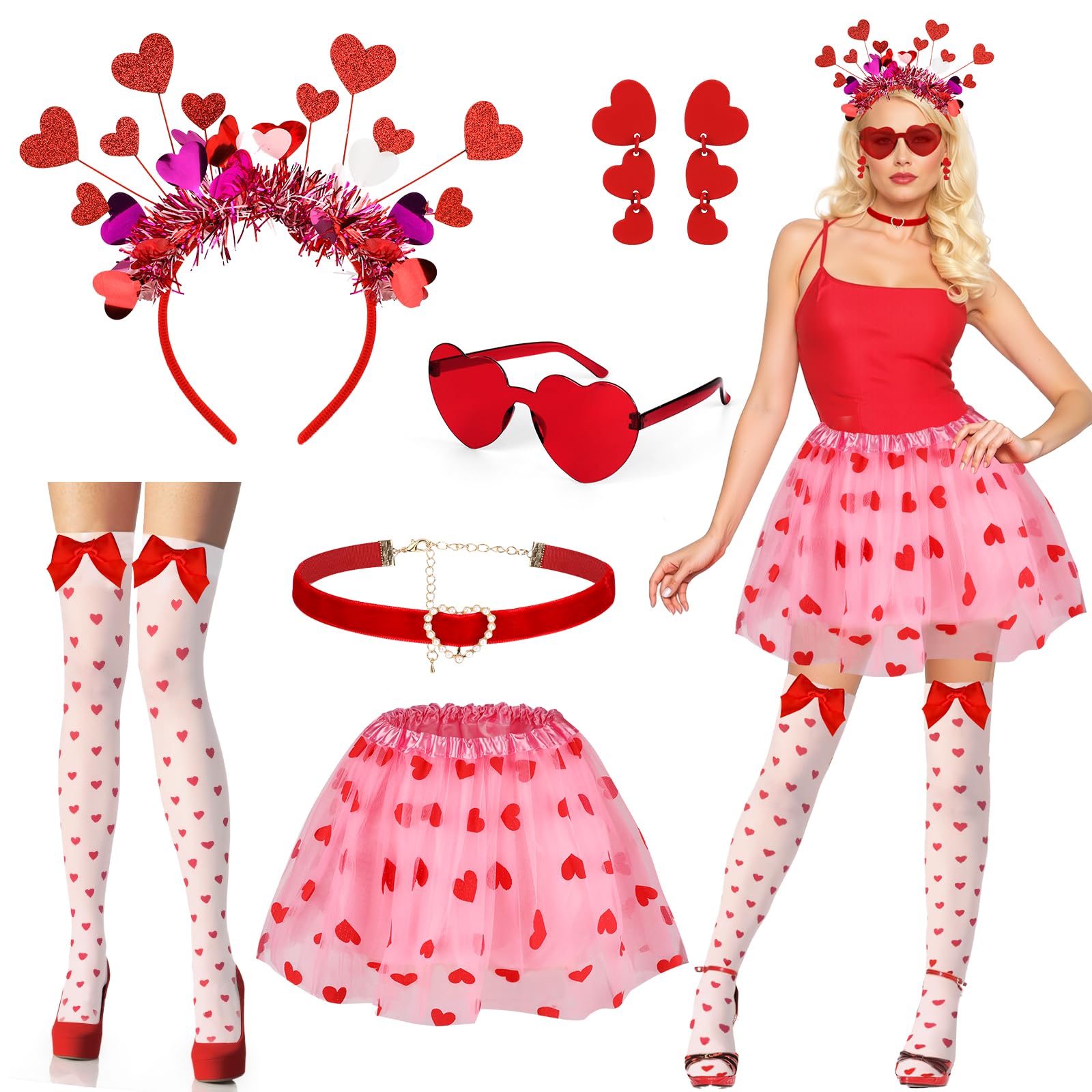 Beipegin 6 Pieces Heart Cupid Costume Valentine Accessories Tutu Skirt Headband Glasses Choker Earrings Stockings Party Supplies for Women