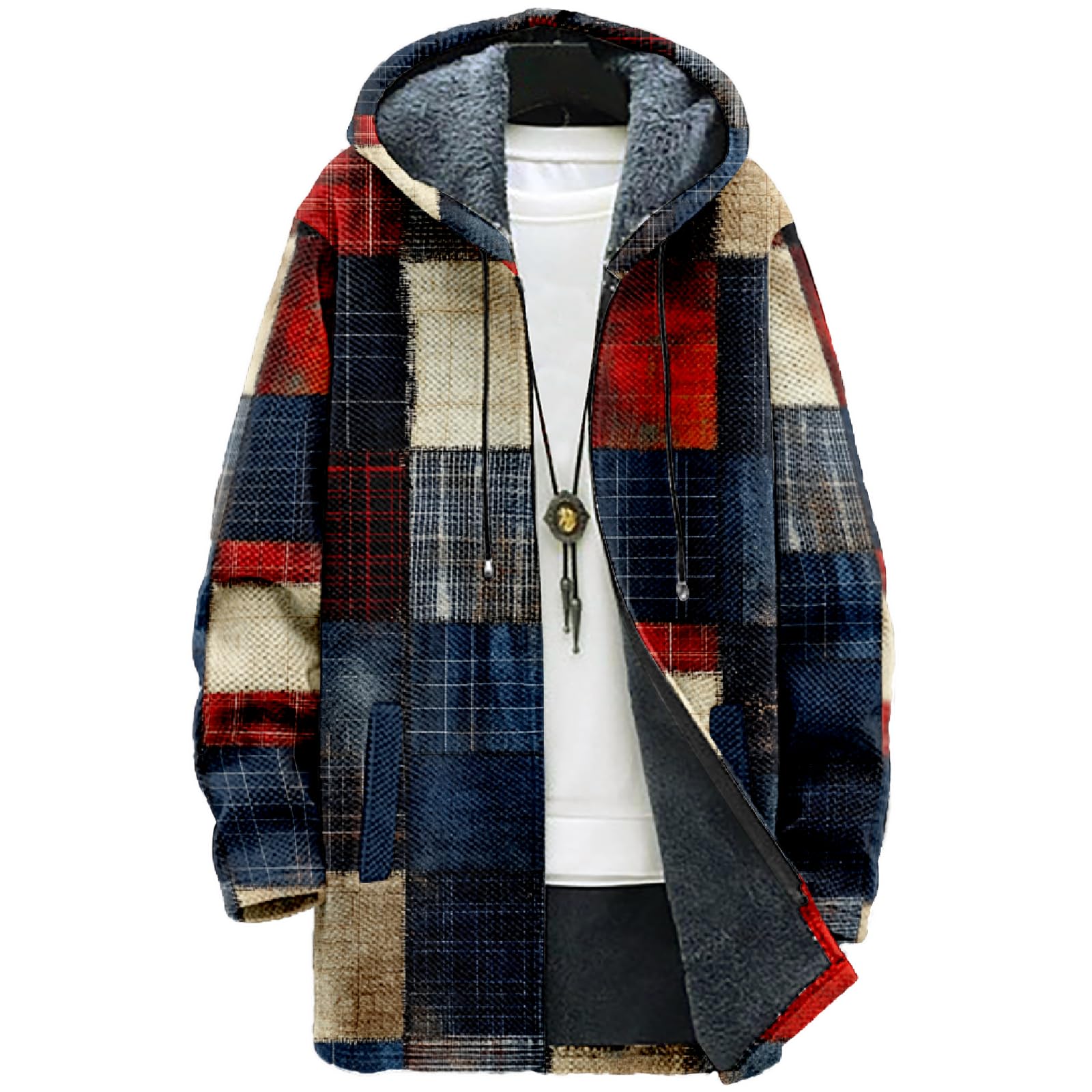 MARSVOVO Retro Patchwork Long Hooded Cardigan for Men Casual Stylish Fleece Lined Zip Up Hoodies Spring Fall Warm