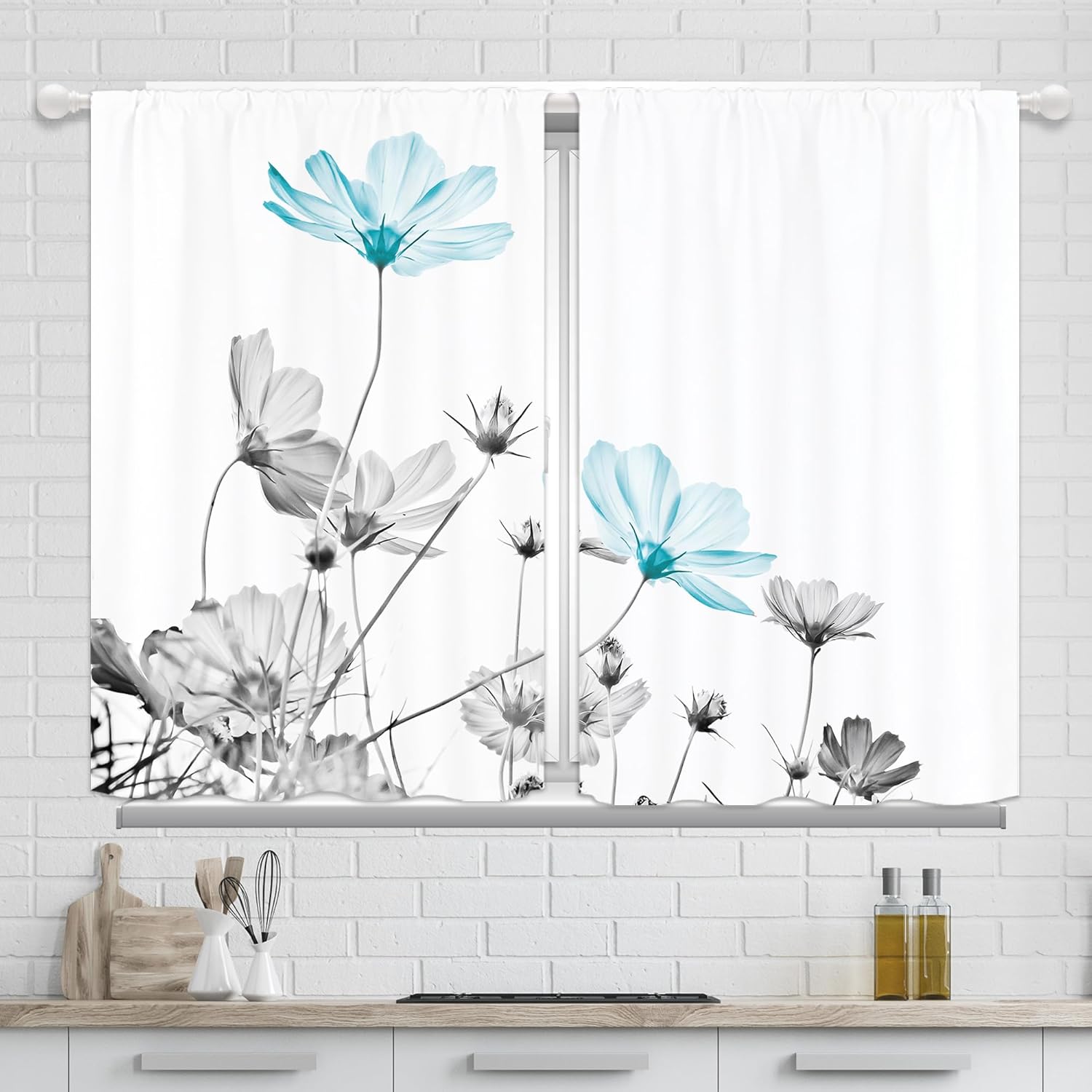 Yorida Teal Grey Floral Kitchen Curtains, Sheer Flower