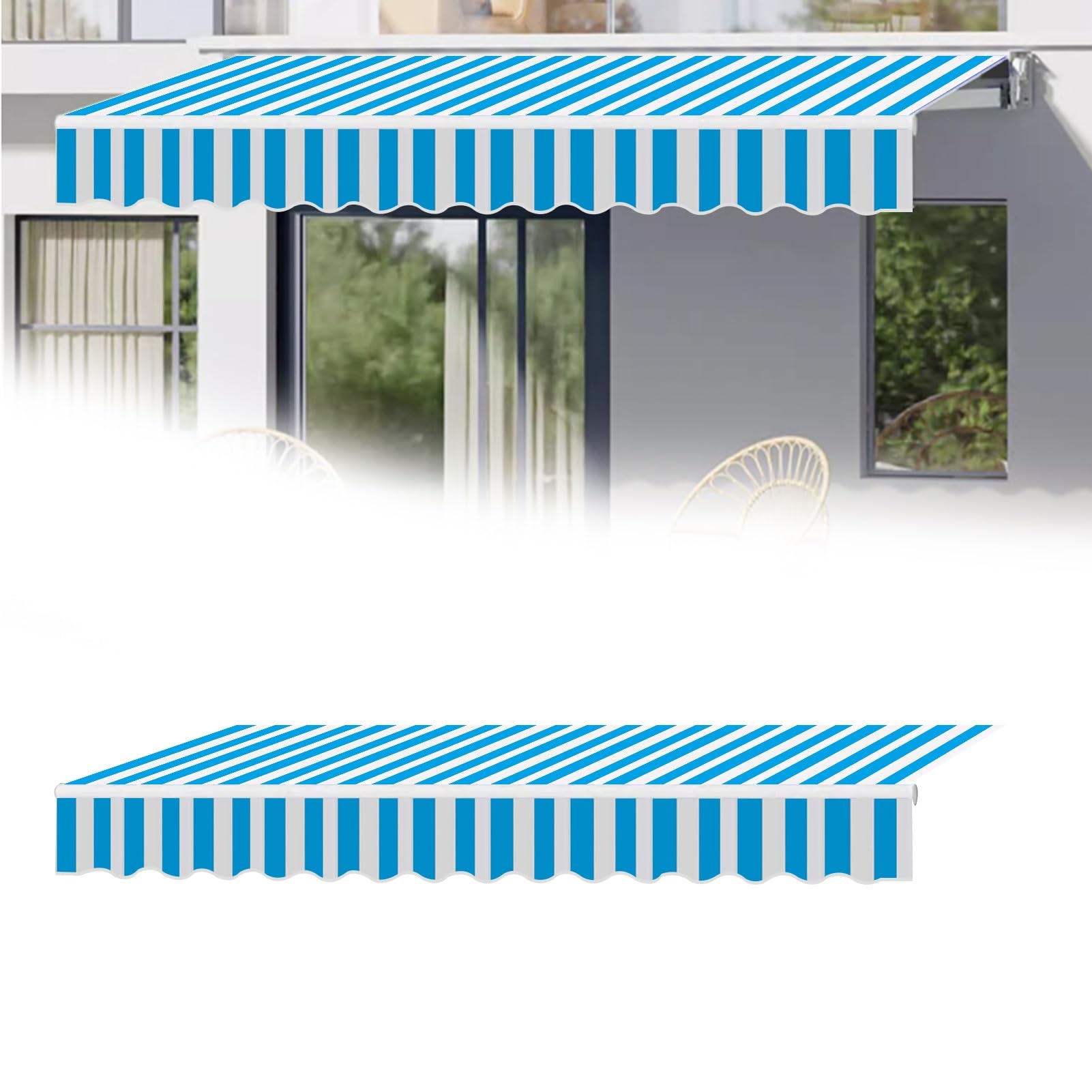 Waterproof Outdoor Garden Patio Awning Canopy Fabric Top Cover with Front Valance Blue Stripes Commercial and Home Protection Sails (22.9x6.5ft)