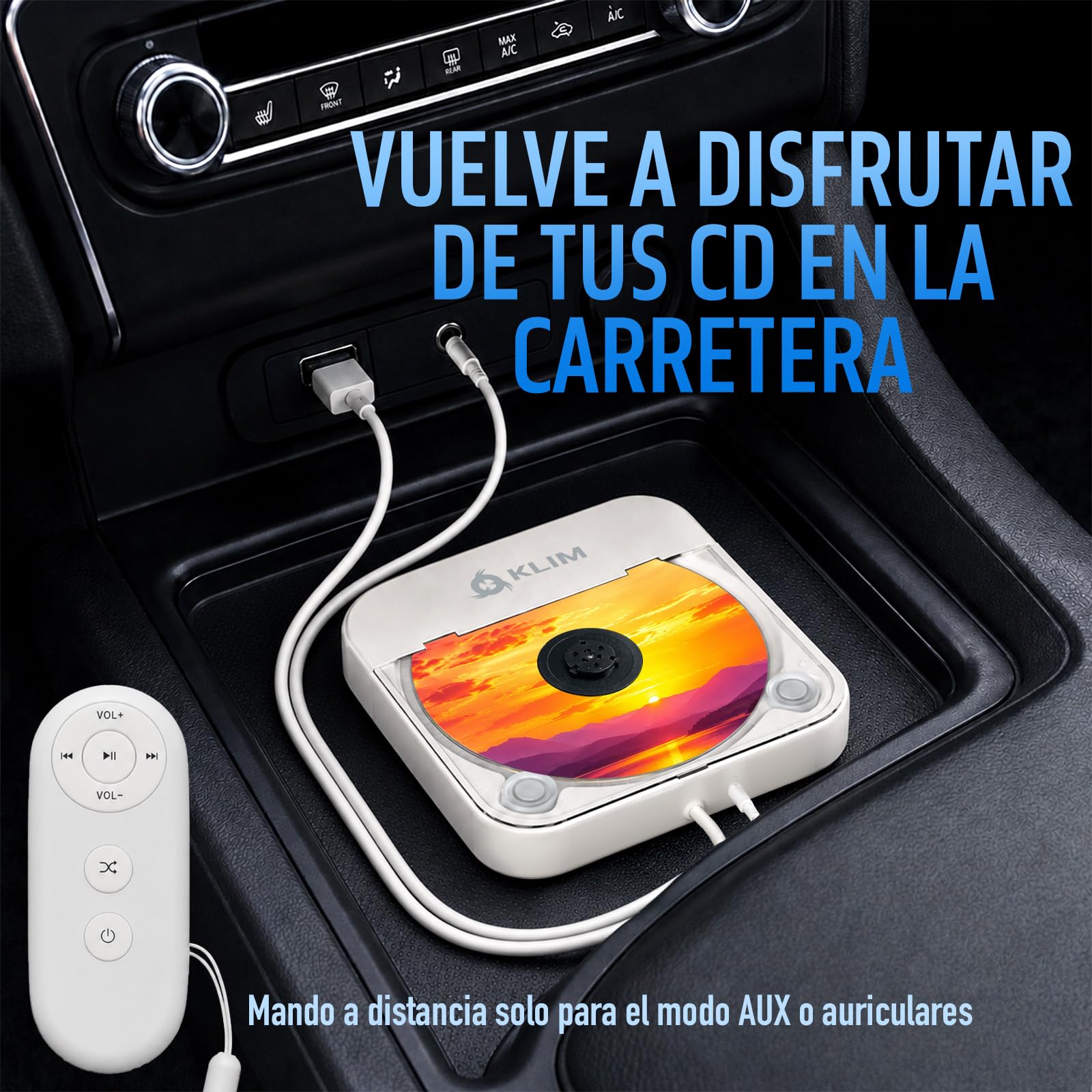 KLIM Reproductor de CD para Coche – Reproductor de CD Externo USB Portátil, Antichoque, Plug & Play, AUX y USB, Mando a Distancia, Compatible con la Mayoría de Vehículos y Portátiles