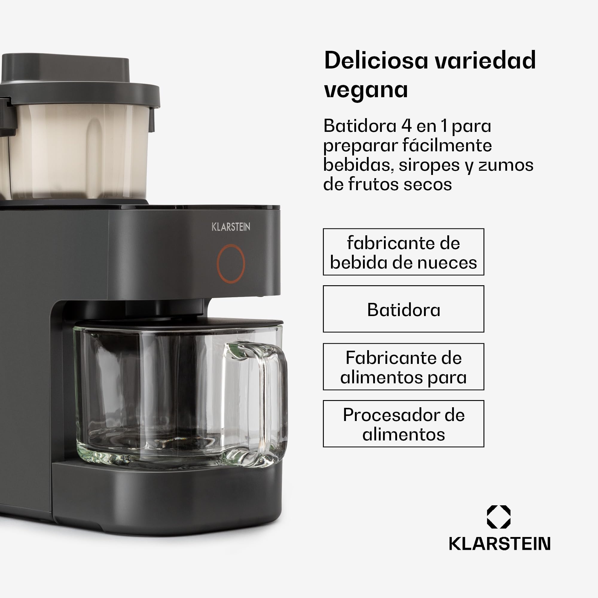 Batidora de pie Klarstein con 300 y 1250 vatios de potencia calorífica, para preparar leche vegetal y batidos, con tecnología de calentamiento de 360°, 30.000 rpm, pantalla táctil, negro