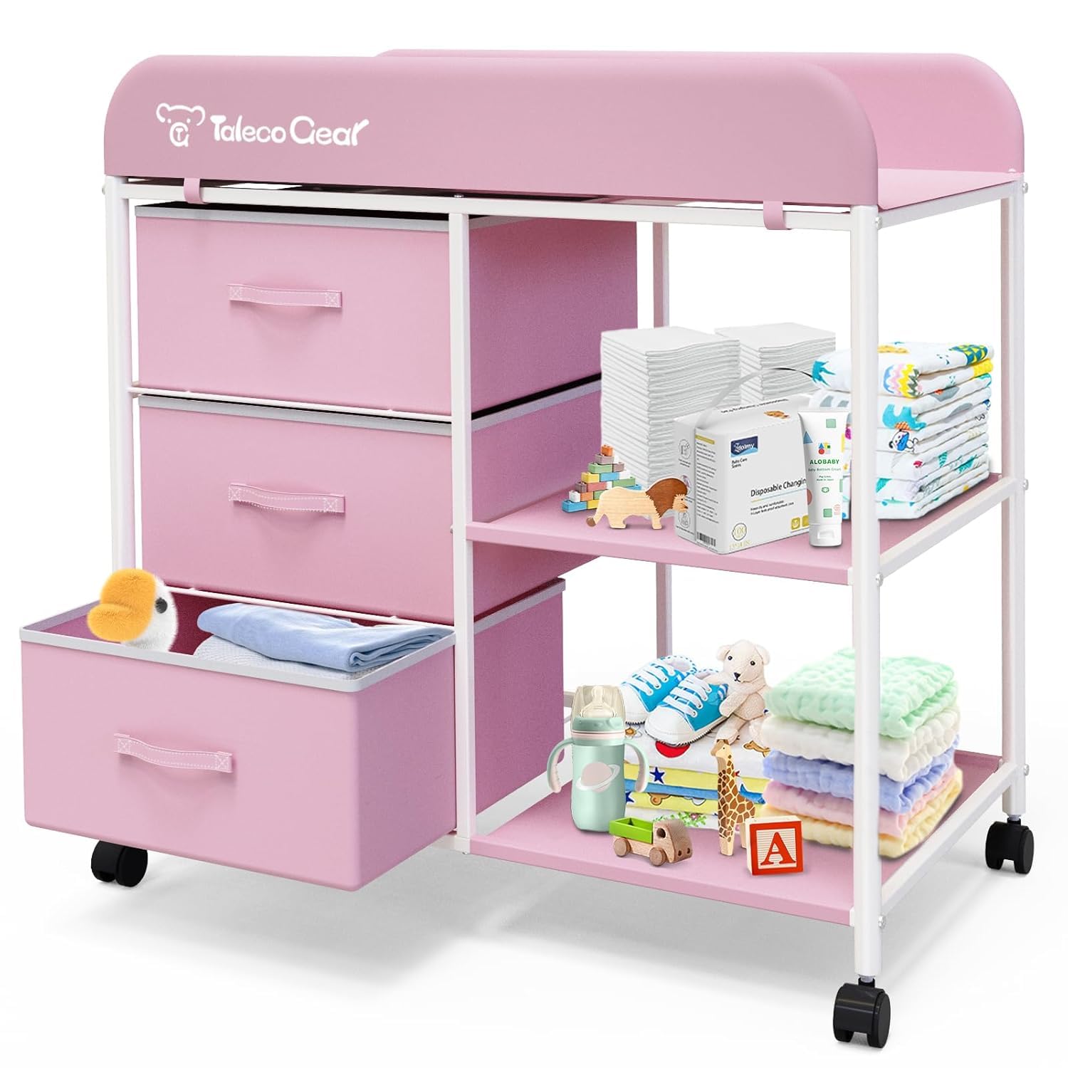 Wickeltisch, Tragbarer Wickeltisch, Wickelkommode mit Wasserdichter Unterlage, Wickeltischkommode mit 3 Aufbewahrungskörben, Mobiler Kinderzimmer-Organizer für Neugeborene （Rosa）