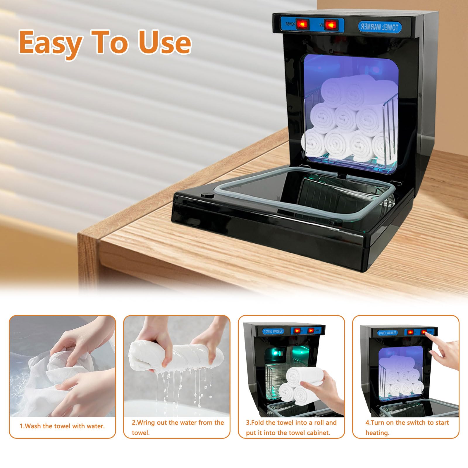 Calentador de toallas eléctrico, 5 L, radiador eléctrico con esterilizador UV de 360 ° para 8 – 12 toallitas, secador de toallas eléctrico de 176 °F para peluquería, salón, baño, belleza