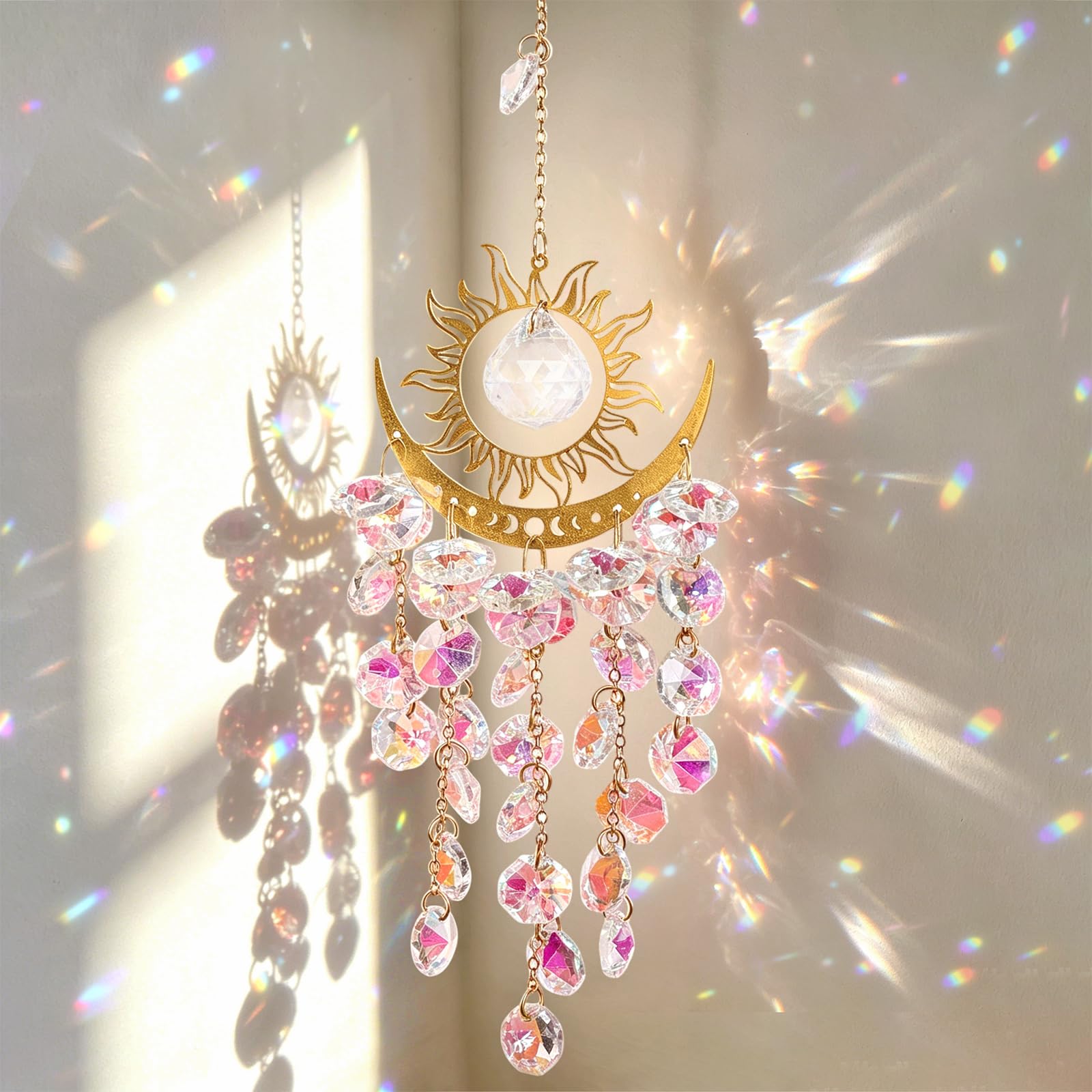 DEMIUKO Kristall Sonnenfänger Fenster Deko Kristall Windspiele Sonnenfänger Prisma Regenbogen Licht Fänger Sonne Mond Anhänger Suncatcher für Garten Vorhänge Fenster Outdoor Indoor Dekor