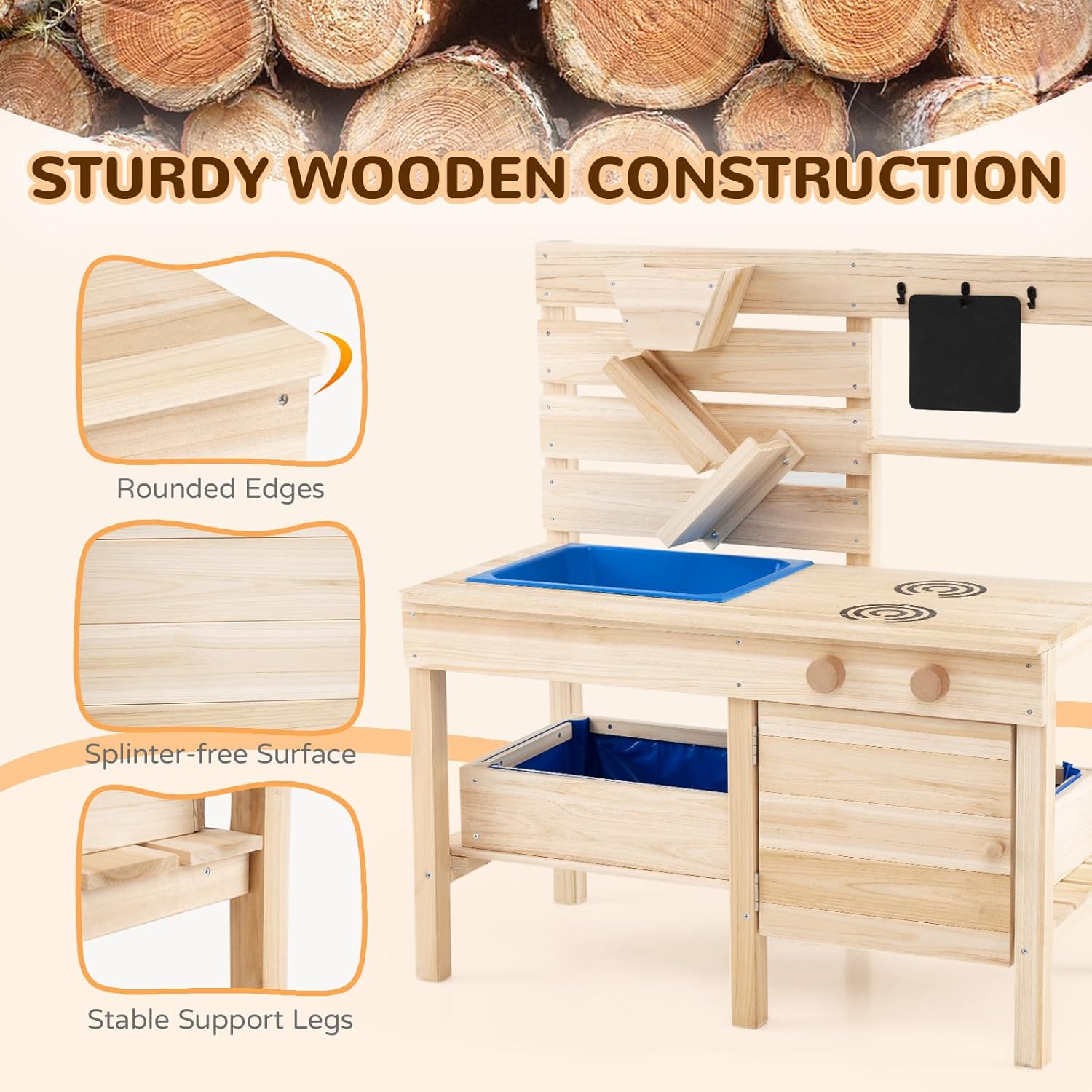 Costzon Mud Kitchen for Kids, Outdoor Play Kitchen w/Detachable Sandbox, Stoves, Sink, Chalkboard, Sand Funnel & Storage Shelf, Wooden Mud Table, Backyard Garden Toy Gift for Boys Girls Aged 3-8