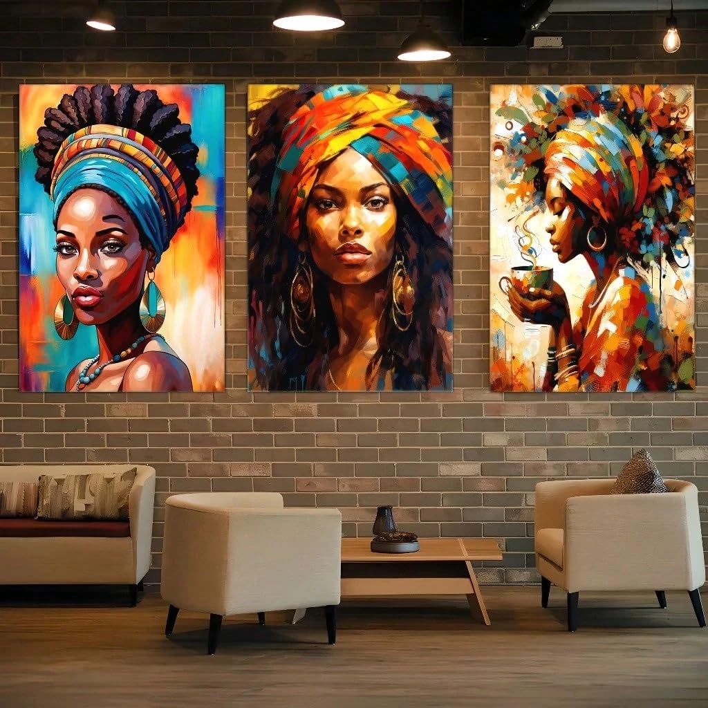 Tuschezeichnungen für die Wanddekoration, Kunst von Frauen mit schwarzer Hautfarbe, farbenfrohe Poster, Café, Bar, Wohnzimmer, Wanddekoration für Zuhause (70 x 100 cm x 3/ohne Rahmen)