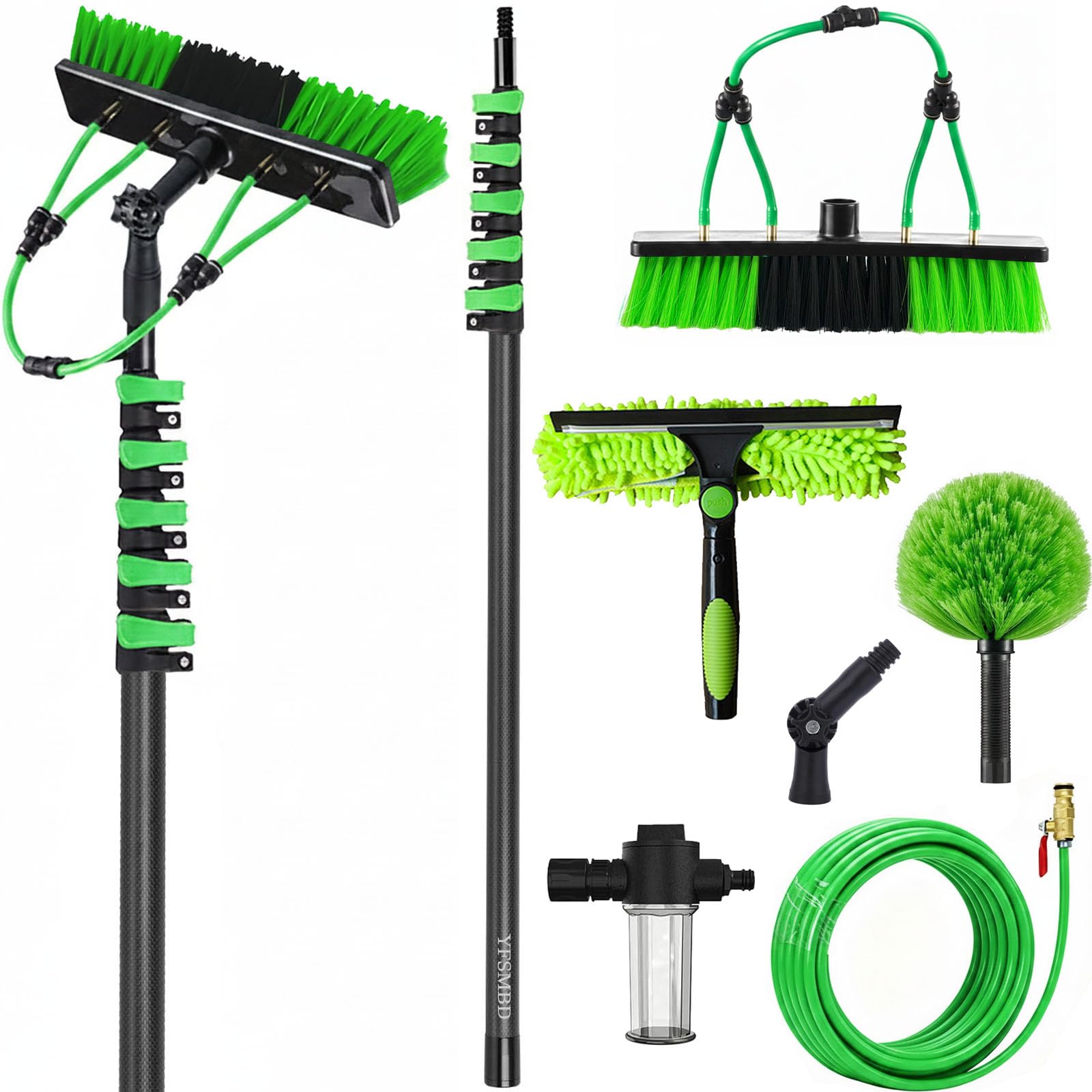 Carbon Fibre Telescopic Pole 50ft Washing Kit: Water-fed Brush, Squeegee, Soap Dispenser, 15.2m Telescoping Pole and 20m Hose, Cleaning Solar Panels, Windows, Roofs & Cars, 35cm Brush