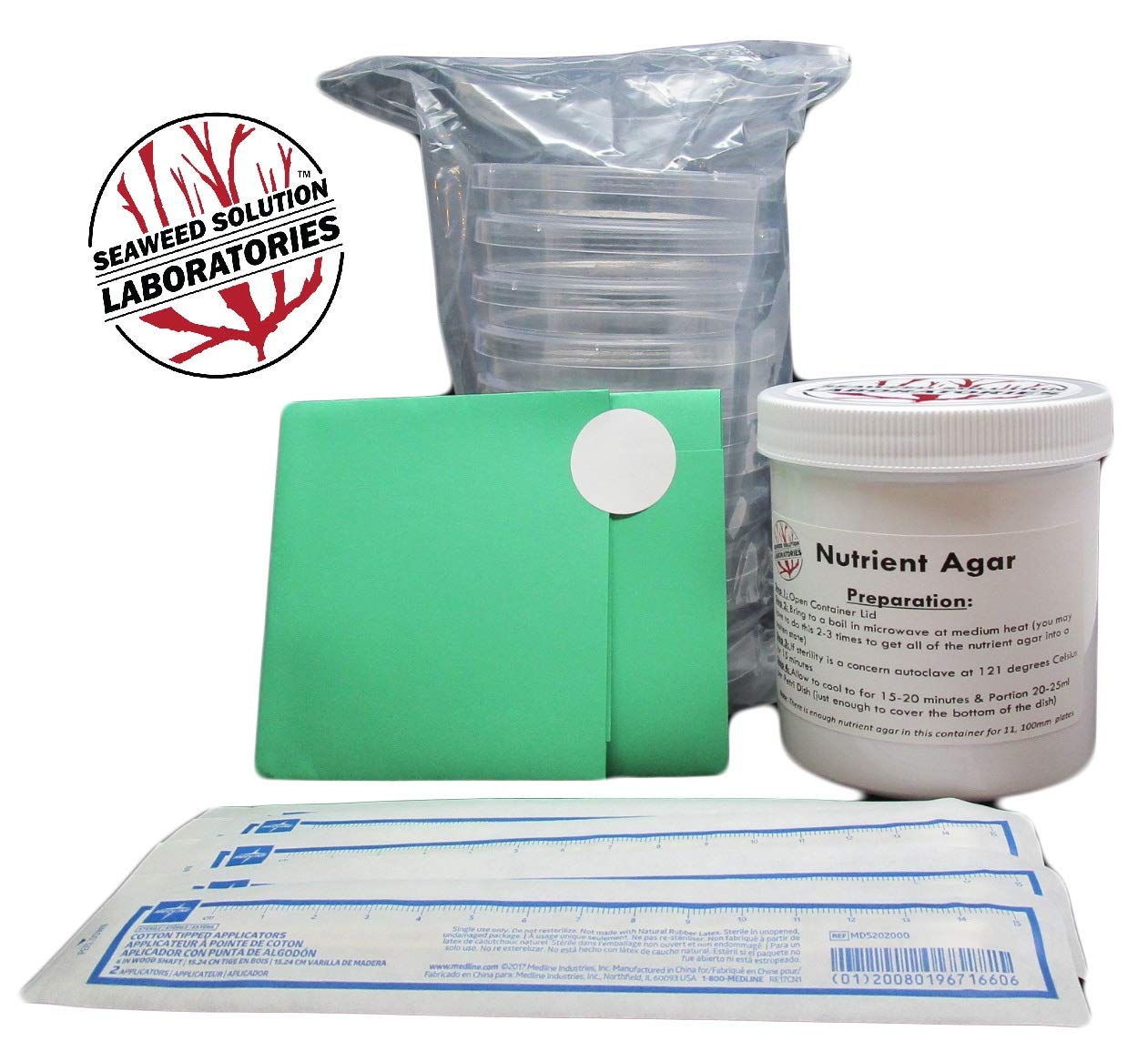 Nutrient Agar Kit, Includes Sterilized Container of Nutrient Agar 300ml, 10 Sterile Petri Dishes with Lids & 10 Sterile Cotton Swabs