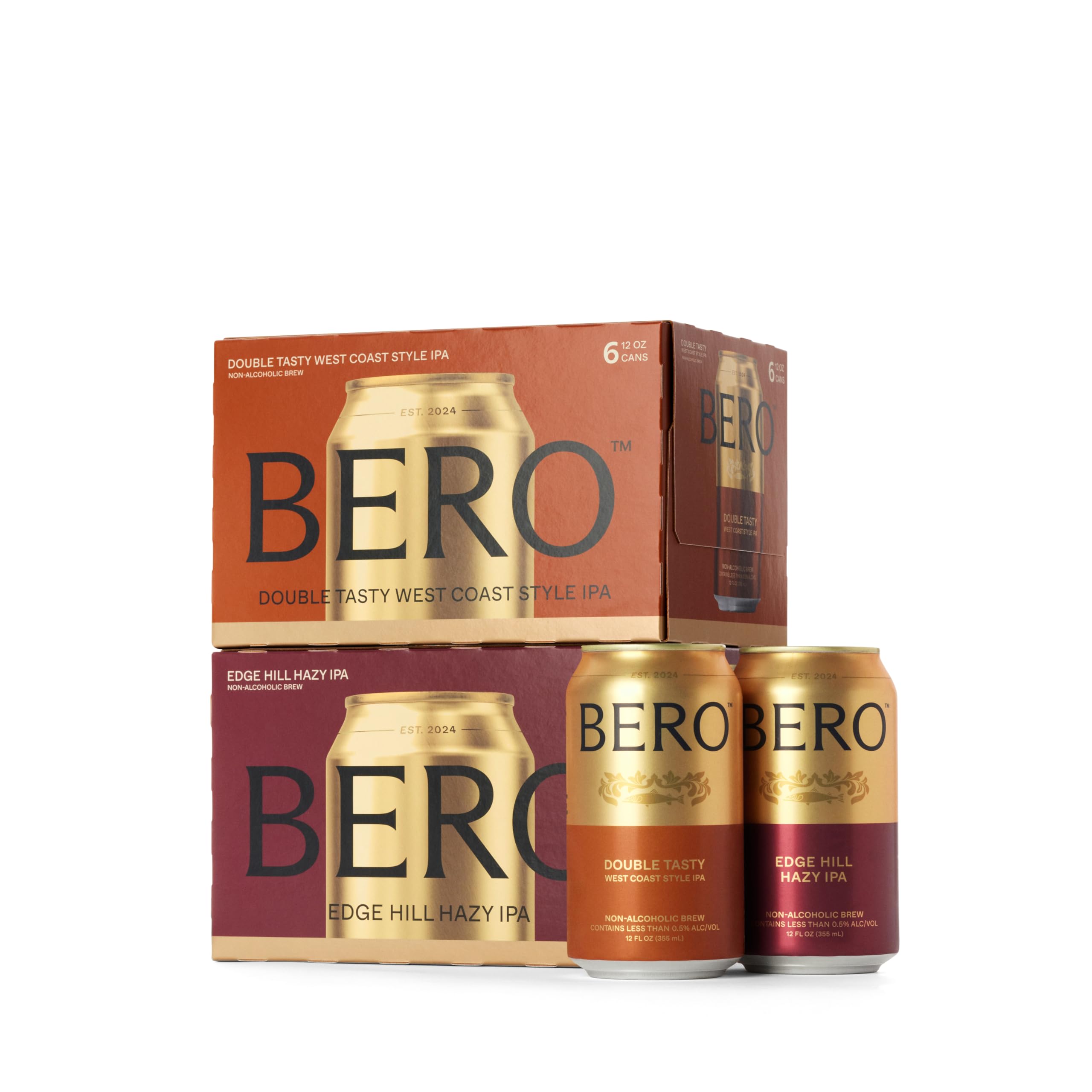 BERO Non Alcoholic Beer West Coast Style IPA Variety, 12 Pack x 12 Oz Cans | NA Beer by Tom Holland, Our Top Reviewed Double Tasty and Edge Hill Flavors, No Alcohol Beverage Great for Any Occasion