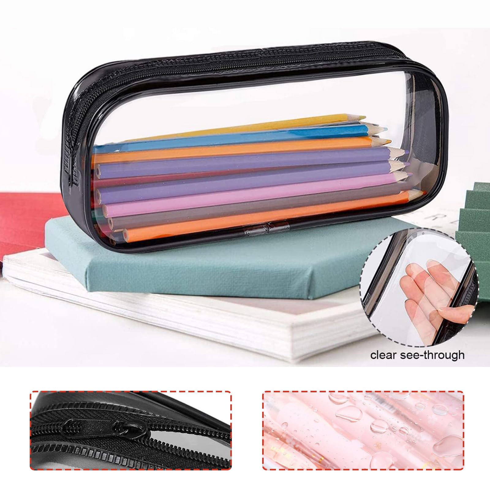 Clear Pencil Case, 2-Pack Transparent PVC Pencil Case, 7.88x3.15x1.58 inches, Black & White, Black White, 20cm x 8cm x 4cm - Image 2