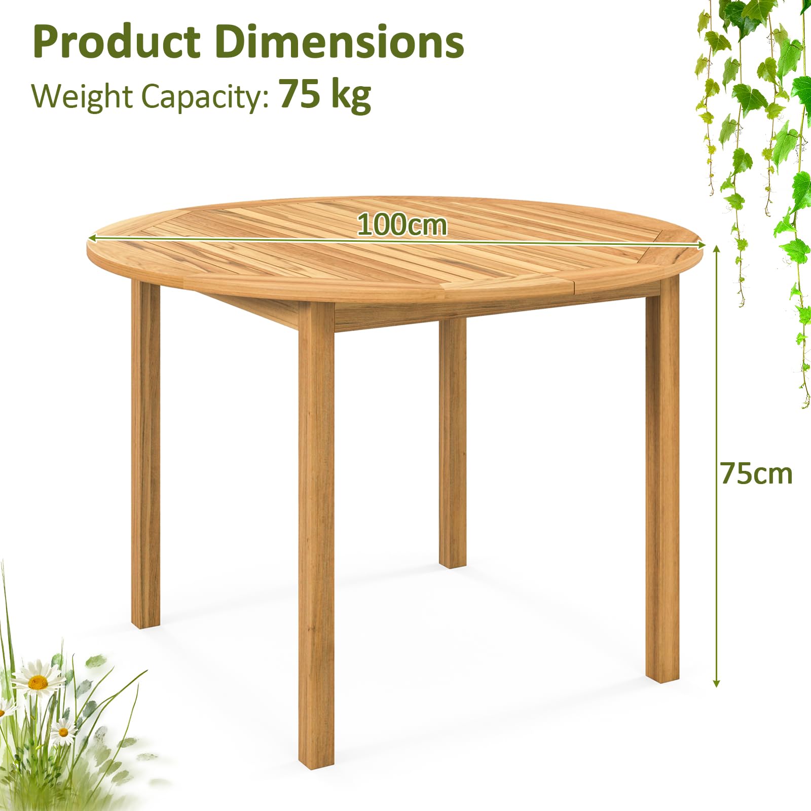 KOMFOTTEU Tavolo da giardino in legno di acacia rotondo diametro 100 cm | Tavolino outdoor resistente alle intemperie per 4 persone per cortile terrazza prato