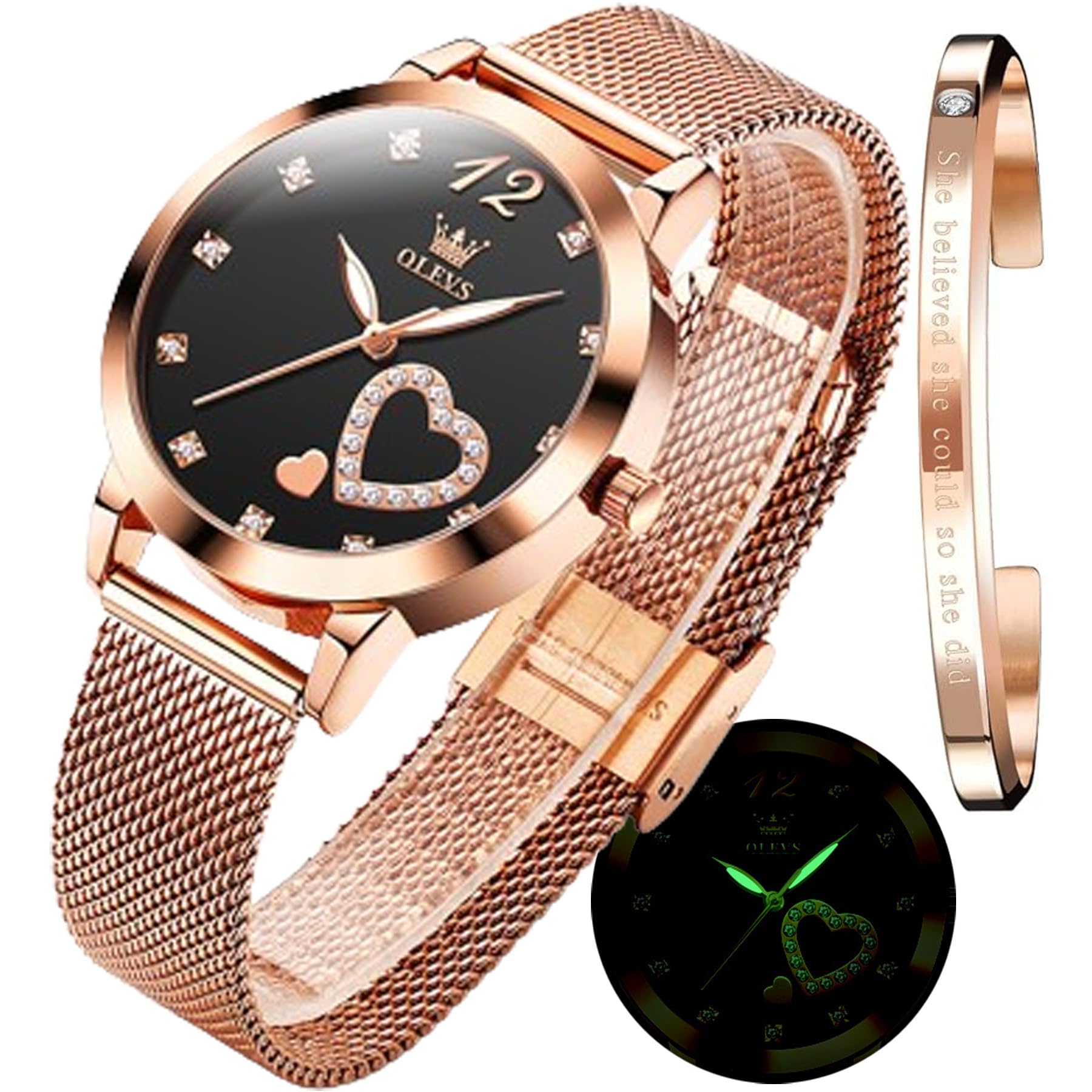 OLEVSWomens Watch Gifts Set with Bracelet Rose Gold for Lady Female Minimalist Simple Slim Thin Casual Analog Quartz Wrist Watches Waterproof Two Tone