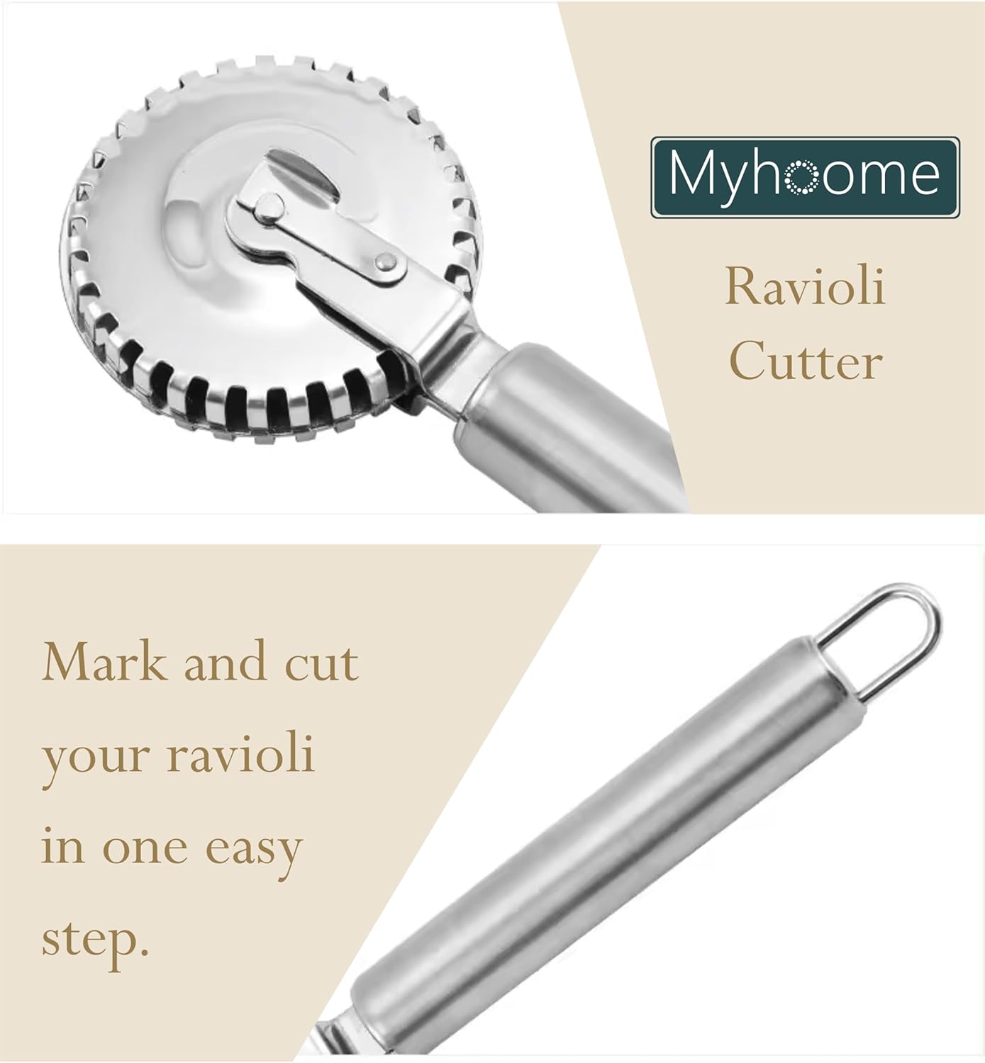 MyHoome Ravioli Cutter with 430 Stainless Steel Wheel, Ideal for Cutting, Sealing, and Crimping Fresh Pasta, Pastry Dough, pierogi and dumplings, multi pastry cutter, pastry cutter crimper. Silver. MyHoome Ravioli Cutter with 430 Stainless Steel Wheel, Ideal for Cutting, Sealing, and Crimping Fresh Pasta, Pastry Dough, pierogi and dumplings, multi pastry cutter, pastry cutter crimper. Silver.