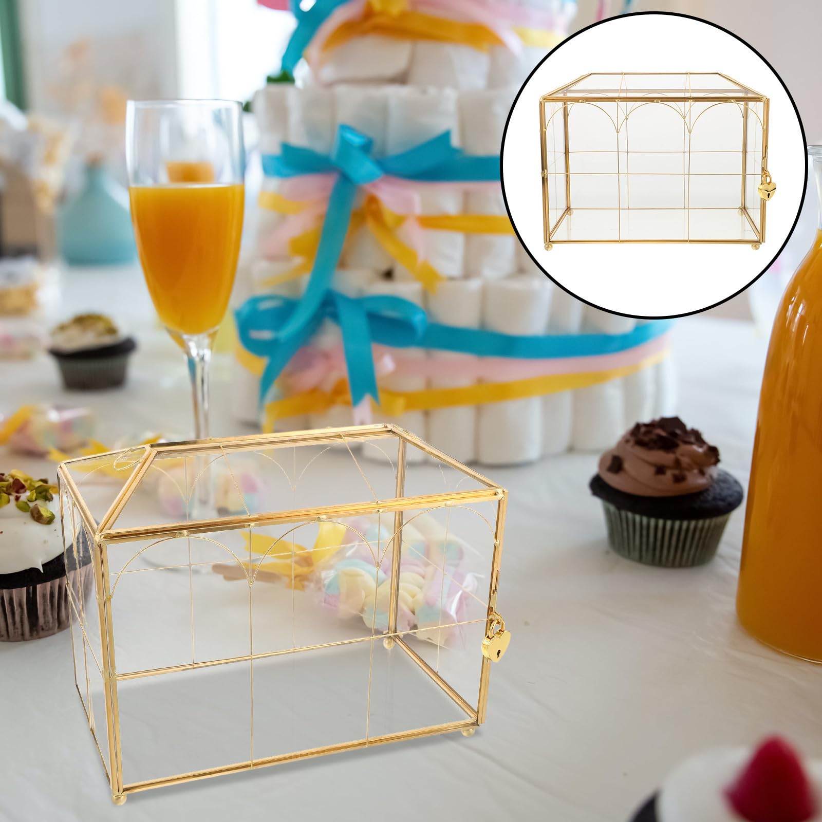 Elegante Hochzeitsbox aus Glas mit Sicherem Schloss und Unabhängigen Kartenschlitzen Goldfarbene Kartenbox für Raumdekoration und Empfangsfeiern