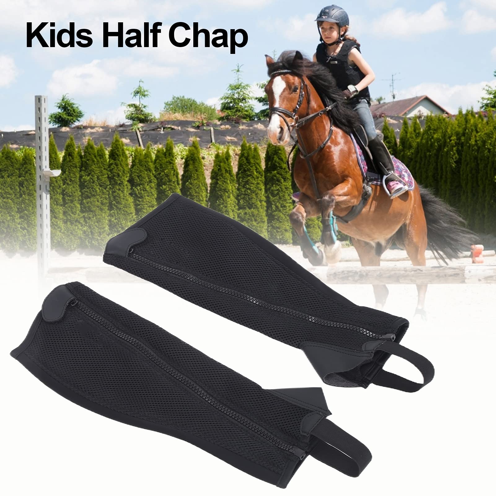 2 Stück Half Chap, schwarz, Flexibles Mesh-Reitsport-Half Chap für Kinder, Reitschutz