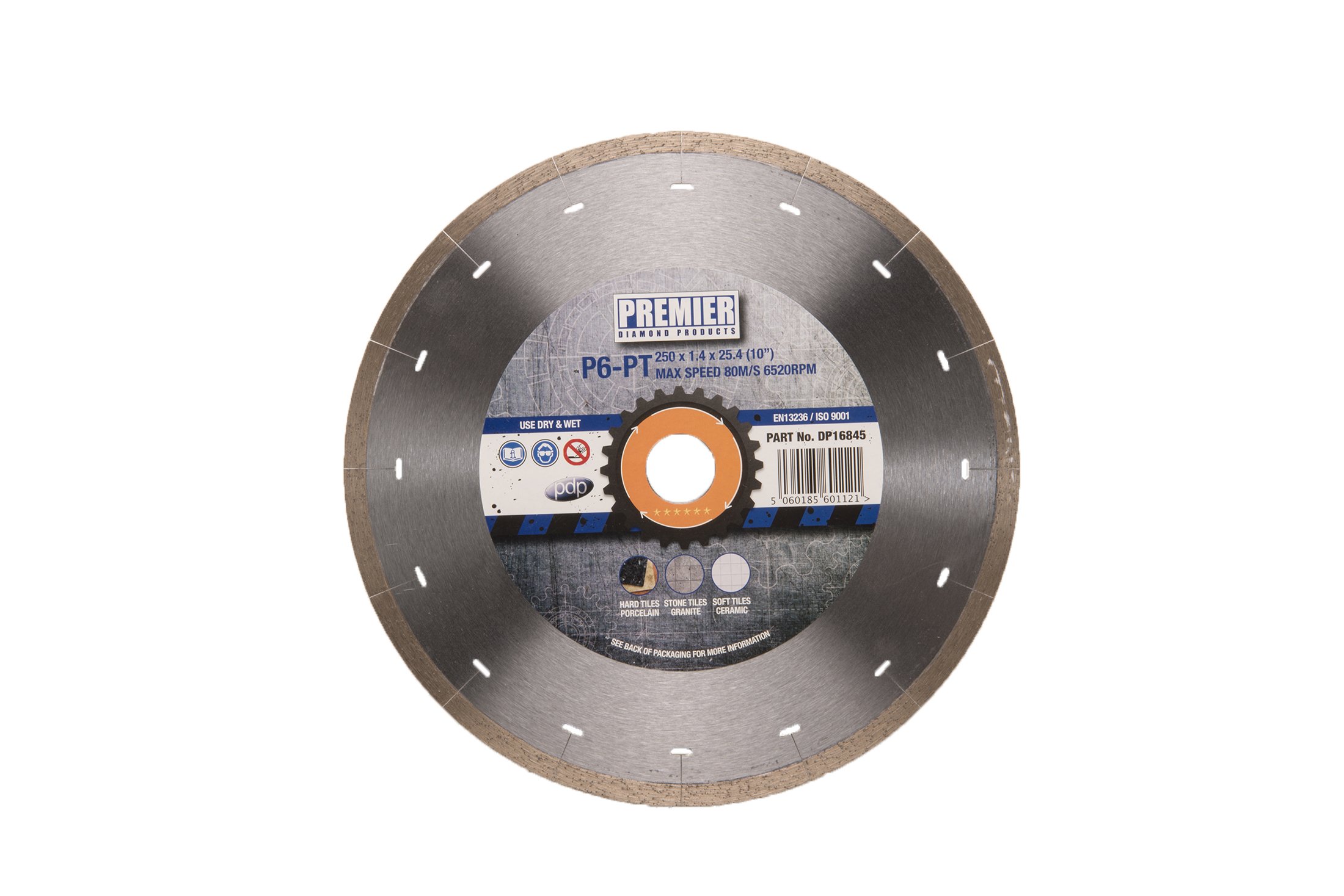 Premier Diamond Silver/Brass Dp16845 P6-Pt Blade Continuous Rim For Porcelain And Hard Tiles, 250 X 25.4 Mm