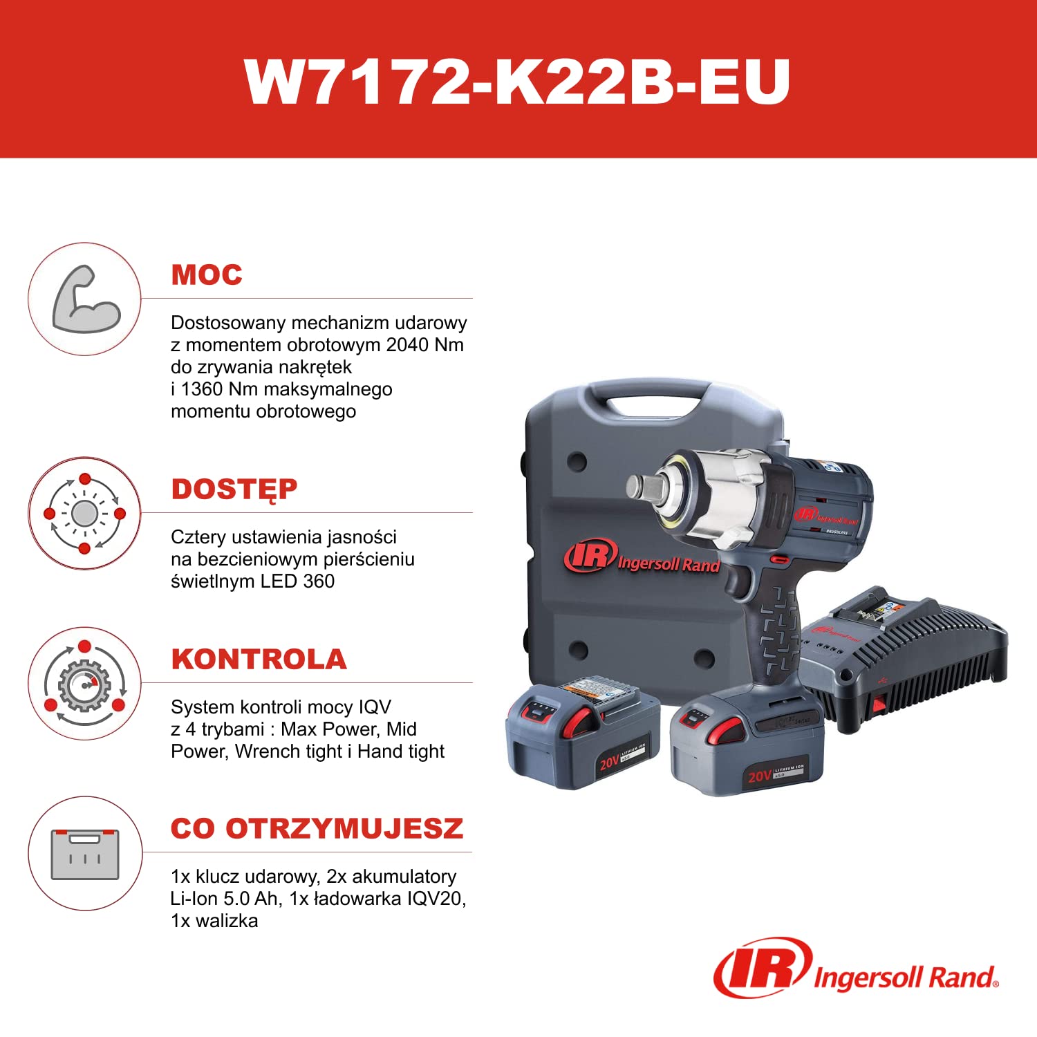 Ingersoll Rand W7172-K22B-EU Akumulatorowy klucz udarowy, 3/4", 20 V, 2 x BL2022 baterie litowo-jonowe 5,0 Ah i zestaw ładujący w 1 walizce