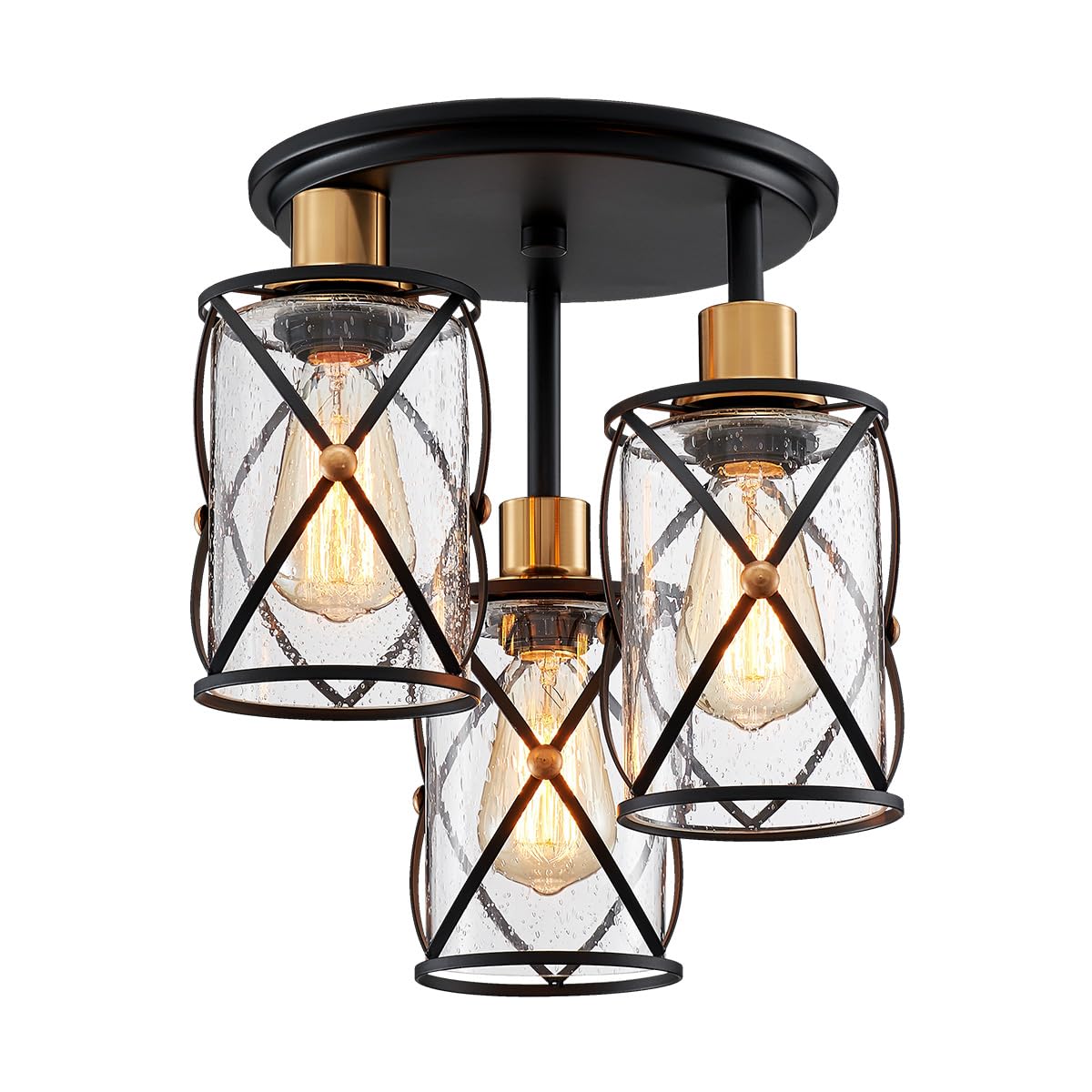 WUZUPS araña semi flushmount industrial 3-light plafon lámpara de techo transparente pantalla de cristal semillero para entrada porche vestíbulo cocina comedor baño, w29 h34, e27 base negra con latón