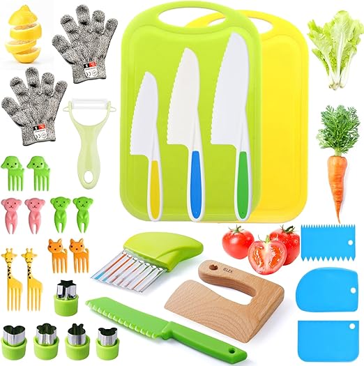 Kids Knife Set for Real Cooking Toddler Kitchen Tools Include 4 Serrated Edges Plastic Safe Knives,Crinkle Cutter Y Peeler Cutting Boards Wood Kids Knife, Kitchen Gloves, Fruit Forks and Dough Cutters