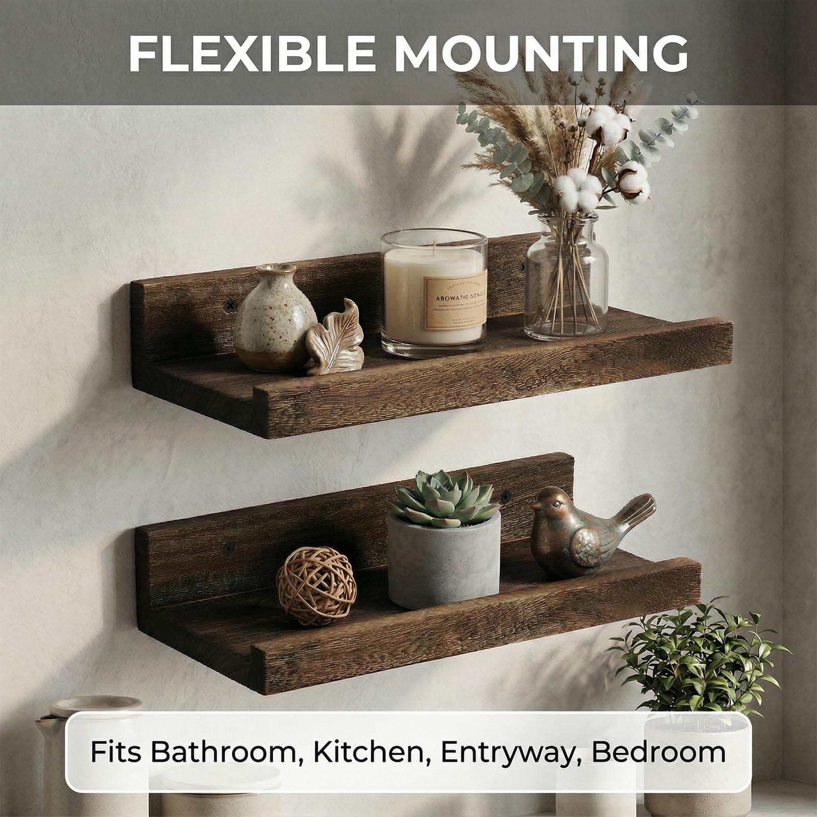 Z metnal Juego de 2 estantes flotantes de madera maciza, estantes de pared rústicos para marcos de fotos y figuras, estantes de pared para gatos, estante flotante de madera natural, estante esquinero