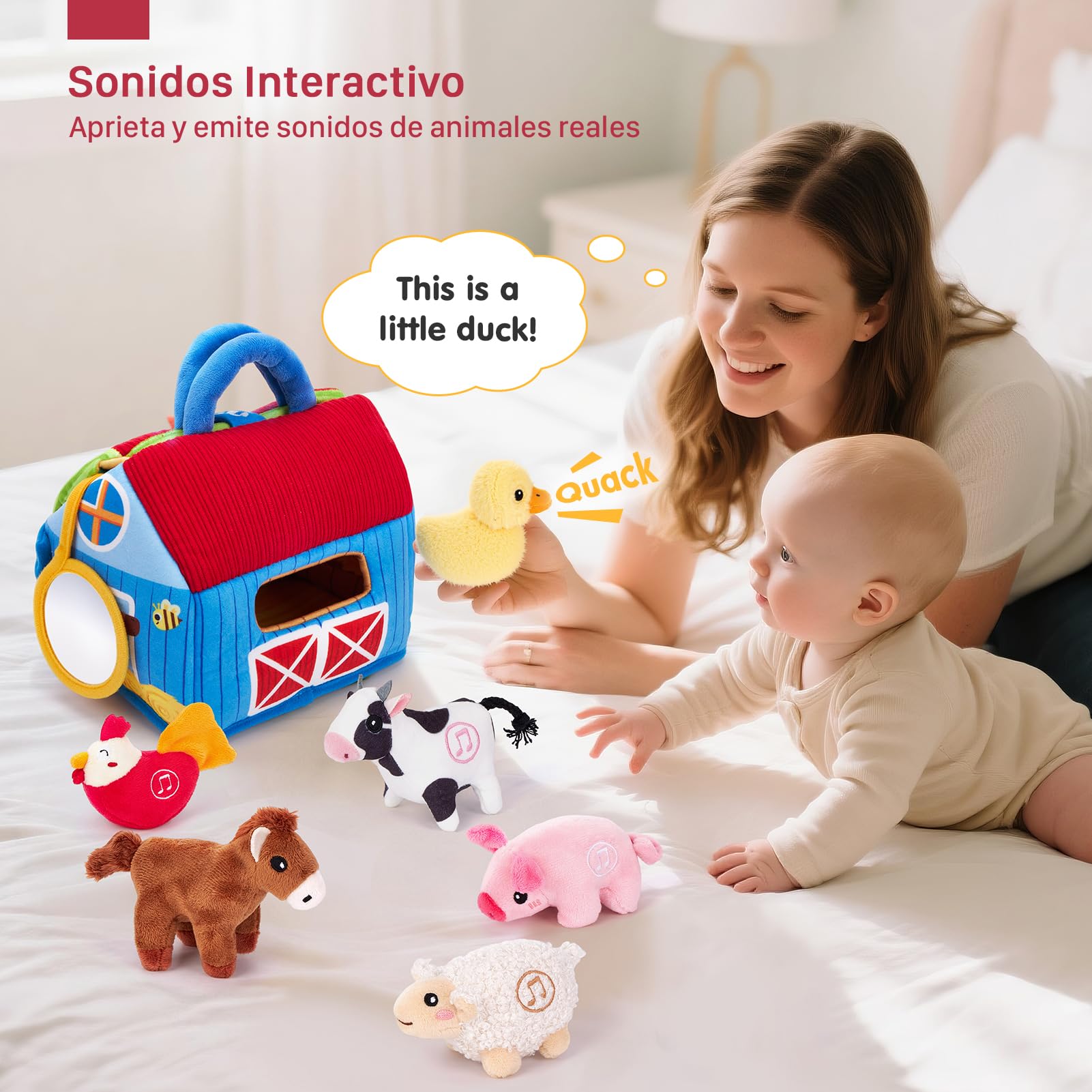 hahaland Juguetes Bebes 6-12 Meses - Granja de Peluche con 6 Animales Interactivo, Granero Plegable Blando - Montessori Juguetes Niños 1 año Regalo Bebe 6 12 18 Meses