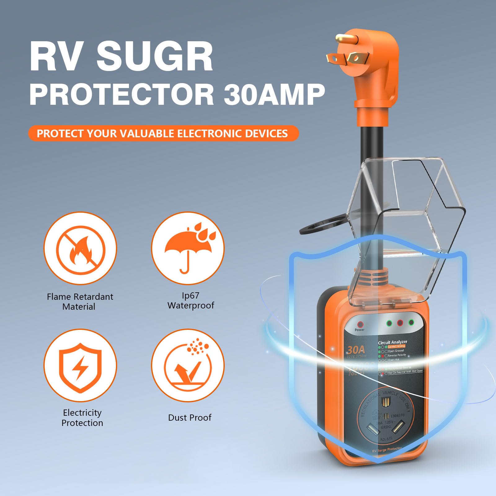 RV - Protector De Sobretensiones 30 Amperios, 10000 Julios Analizador Circuito Con Cubierta Impermeable, Enchufe Adaptador Para Caravanas Y Remolques Viaje