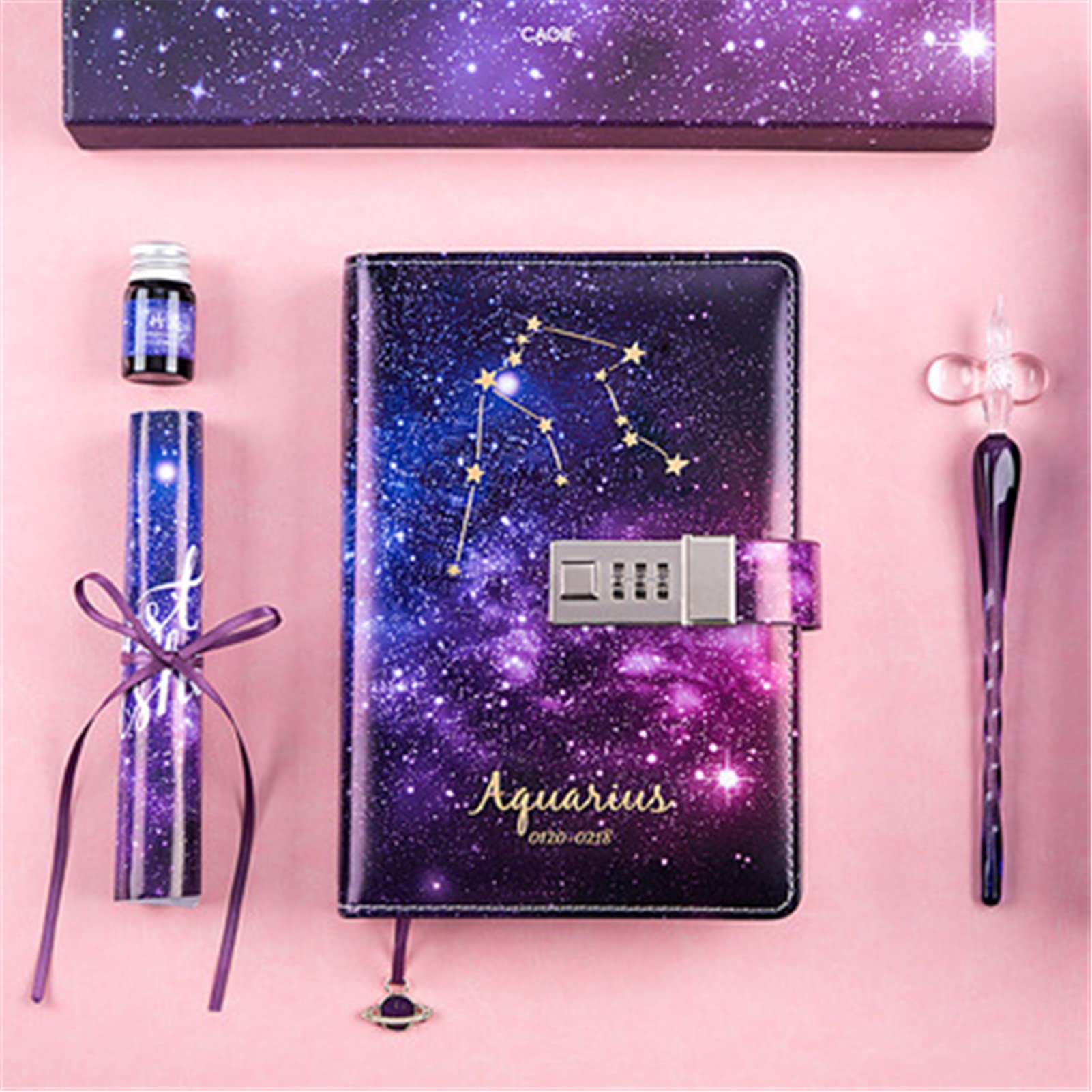 Carnet de notes en cuir synthétique (design 12 constellations), journal intime, magazines avec serrure codée par mot de passe, B6, ciel étoilé, kit de décoration, 136 x 197 mm (Verseau 1.20-2.18)