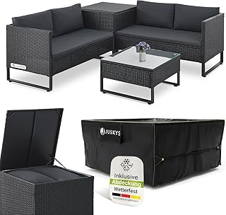 Juskys® Outdoor Polyrattan Lounge Santorini inkl. Abdeckung - Gartenlounge mit Beistelltisch & Auflagenbox - Gartenmöbel Set Rattan Sitzecke wetterfest - Schwarz