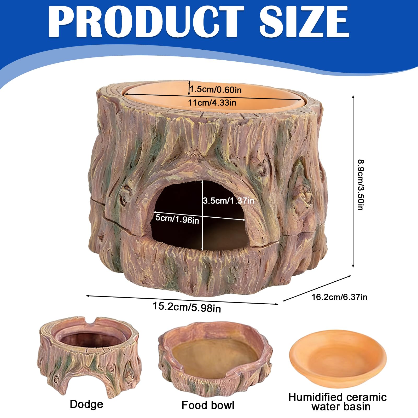 Reptiles 3 en 1 Cueva Ocultar Reptiles Protección: Cueva de reptiles, accesorios de terrario, anfibios escondite con hidratante, para gecko, lagartos, dragón barba, 16,2 × 15,2 × 1,5 cm