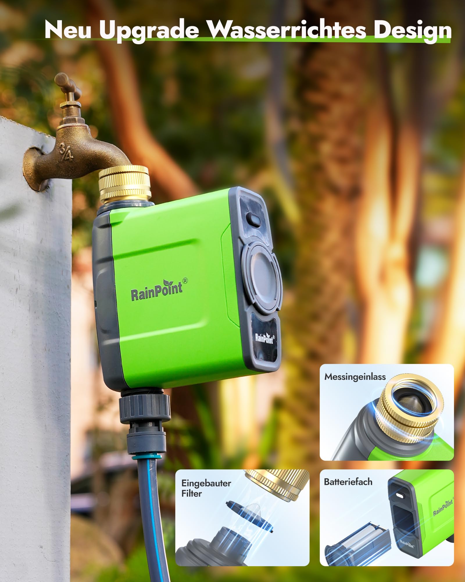 RAINPOINT Programador Riego WiFi sin Puerta Enlace de Antena, Debe Utilizarse con la Puerta de Enlace HWG023/HWG040 (Solo 2,4 GHz), Entrada y Salida de Latón, IP65 Temporizador Riego, 6 Horarios