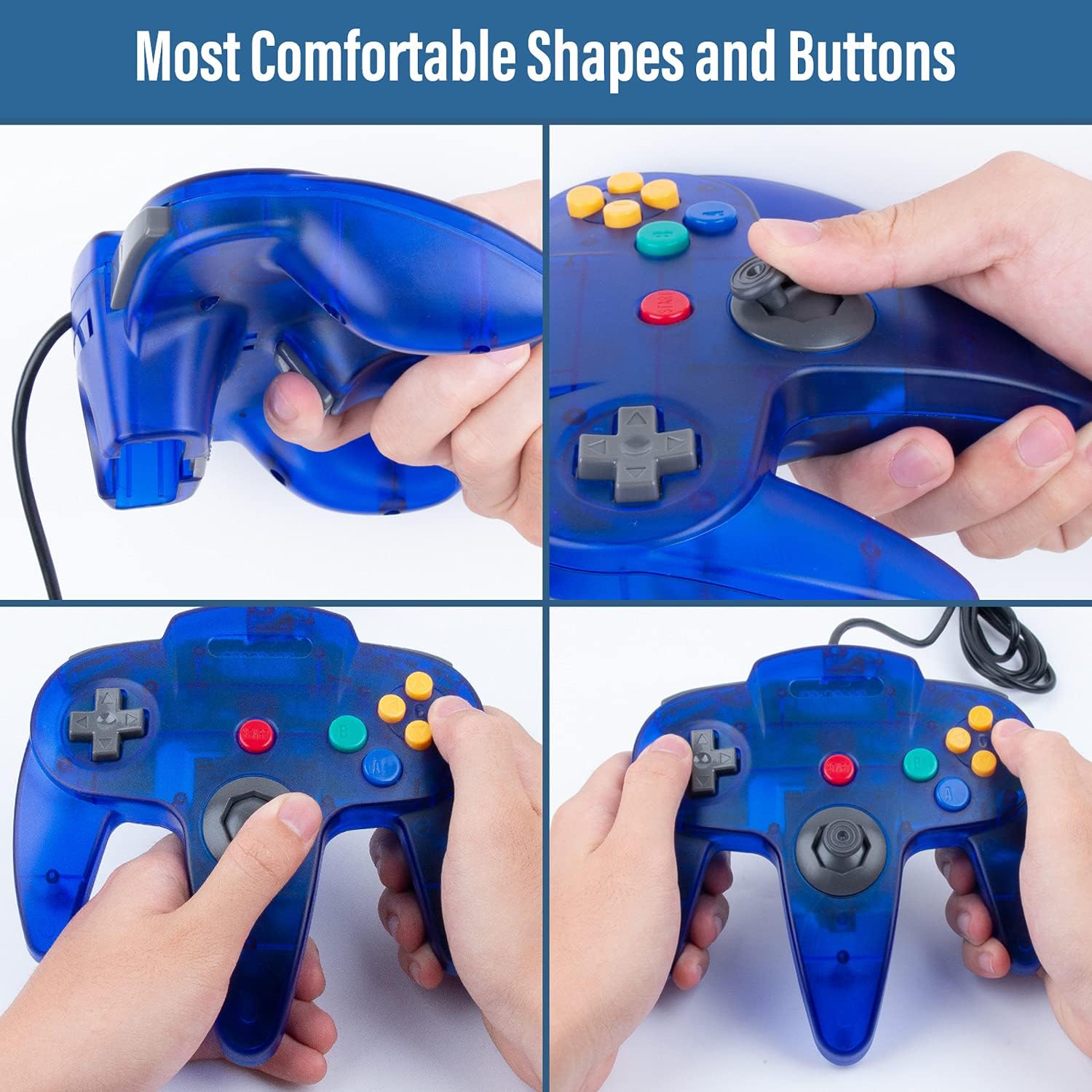 2 Pack Classic N64 Controllers, Retro Wired N64 64-bit Gamepad Joystick for Ultra 64 Video Game Console N64 System (Transparent Blue+Red)