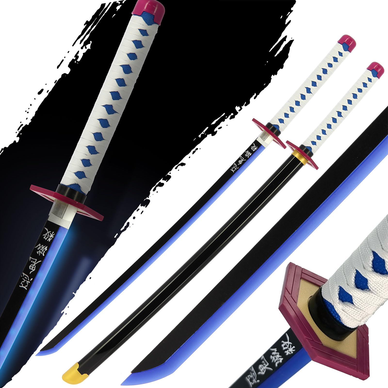 Anime Wood Bamboo Swords With LED Light-Up BladeAnime Replica Halloween Cosplay 104cm Blunt Prop (Riyu Blue Diamond)