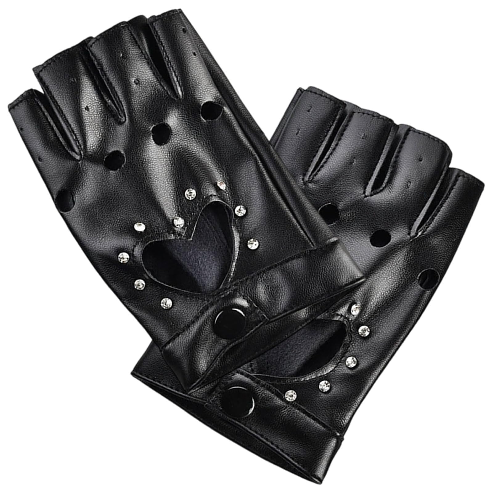 Mbsivsa Women's Black 1 Pair Half Finger Leather Gloves, Fingerless Hollow Out Punk Pu Leather Gloves, Stylish Gothic Dazzle Cool Gloves For Halloween Cosplay Performance