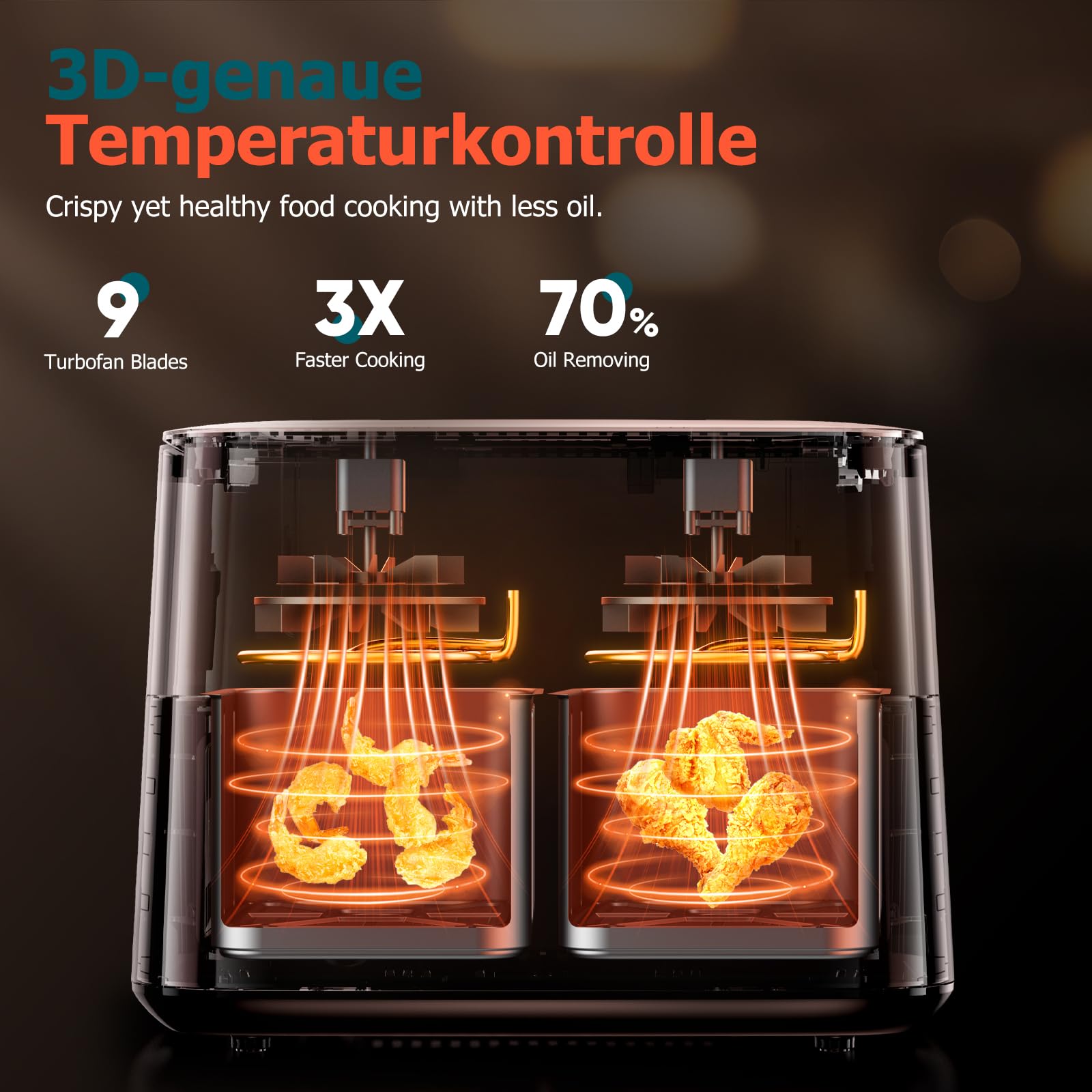 Heißluftfritteuse 2 kammern mit Sichtfenster, 9L Airfryer, 2 Fächer, 9-in-1, Touchscreen, Spülmaschinenfeste Körbe, Antihaftbeschichtete Frittierkörbe, Gesunde Friteuse ohne Öl und fettarmes Kochen