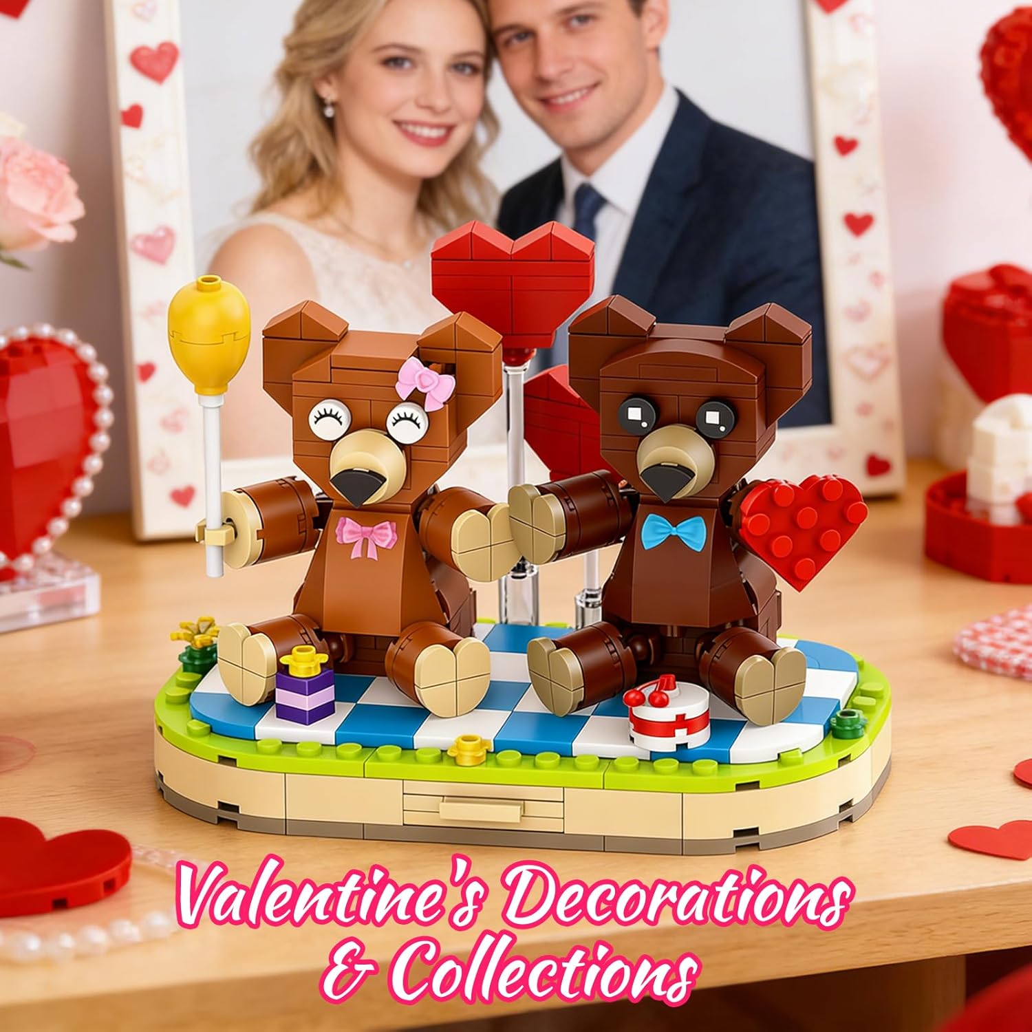 aphpaio Valentine’s Brown Bear Building Toy Sets for Lover, Art Love Collectible Home Wedding Decor, Cute Bears with Heart, Valentines Gift for Her/Him, School Exchange for Kids 8+ (289pcs)