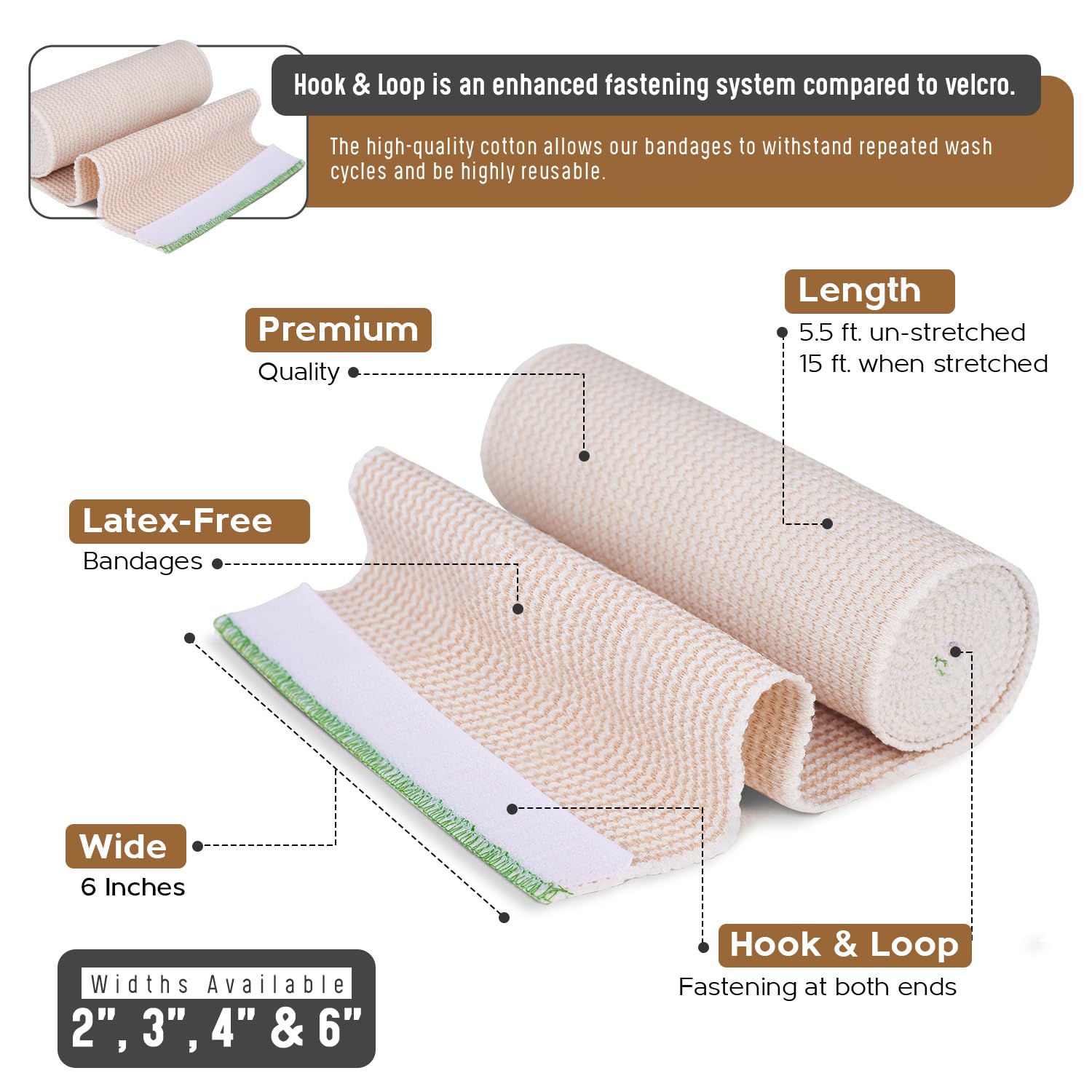 Premium Elastic Bandage Wrap (6” Wide, 2 Pack) - Nexskin Latex Free Athletic/Medical Compression Bandages Hook & Loop Fasteners at Both Ends - Lifetime Washable & Reusable Bandages — Amazon image 2