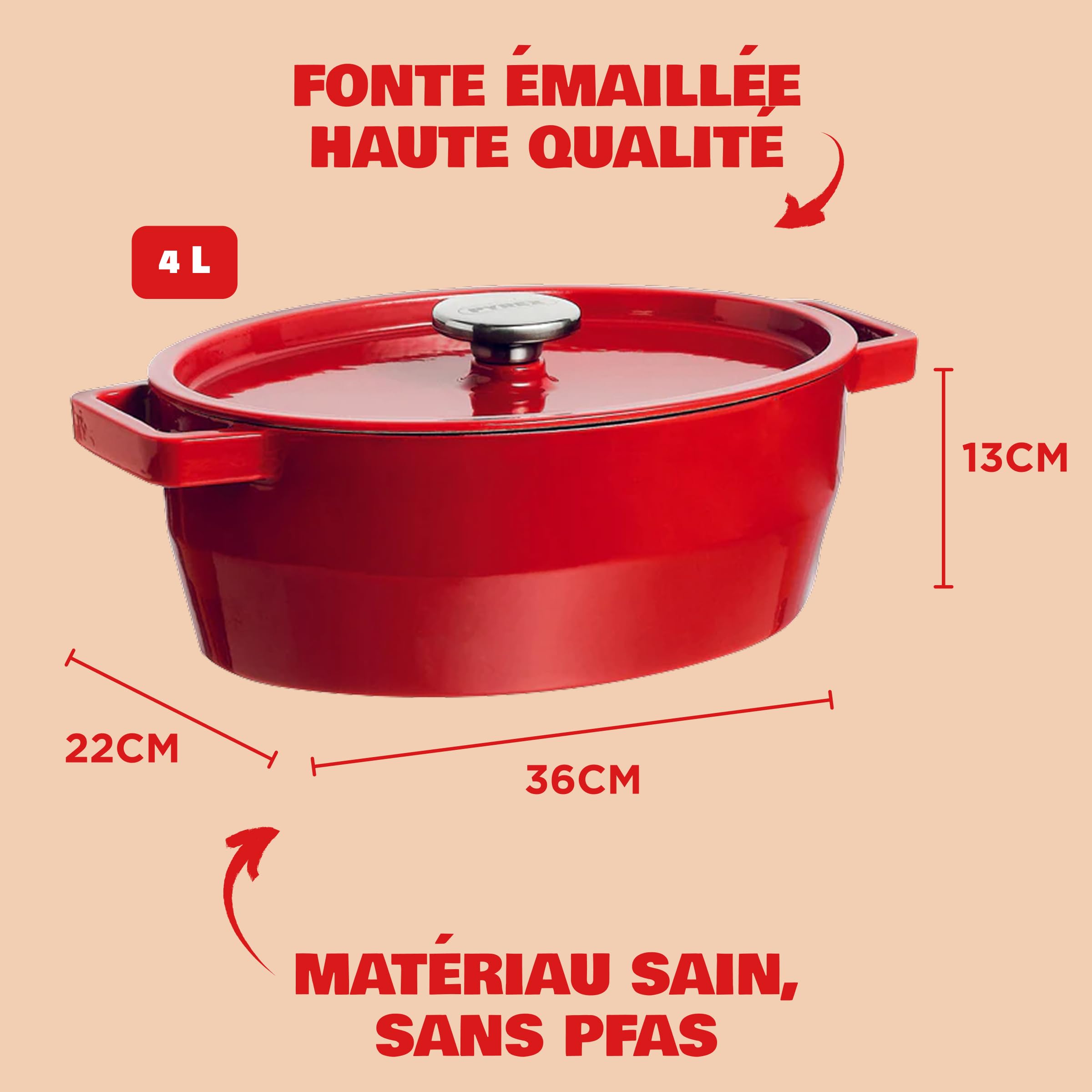 Pyrex - Cocotte En Fonte Ovale Rouge 29 cm - Cocotte avec Couvercle à Arrosage Intégré - Fonte émaillée Hautement Résistante - Polyvalente et Compatible Tous Feux - Ustensile de Cuisine - SlowCook