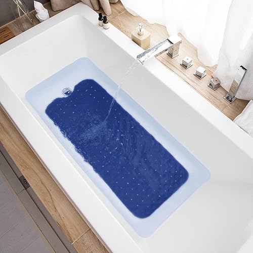 Miniatura 7 de Tapetes para bañera y ducha, antideslizante, 39 x 16 pulgadas, extra larga, lavable a máquina, con orificios de drenaje, ventosas para baño (azul