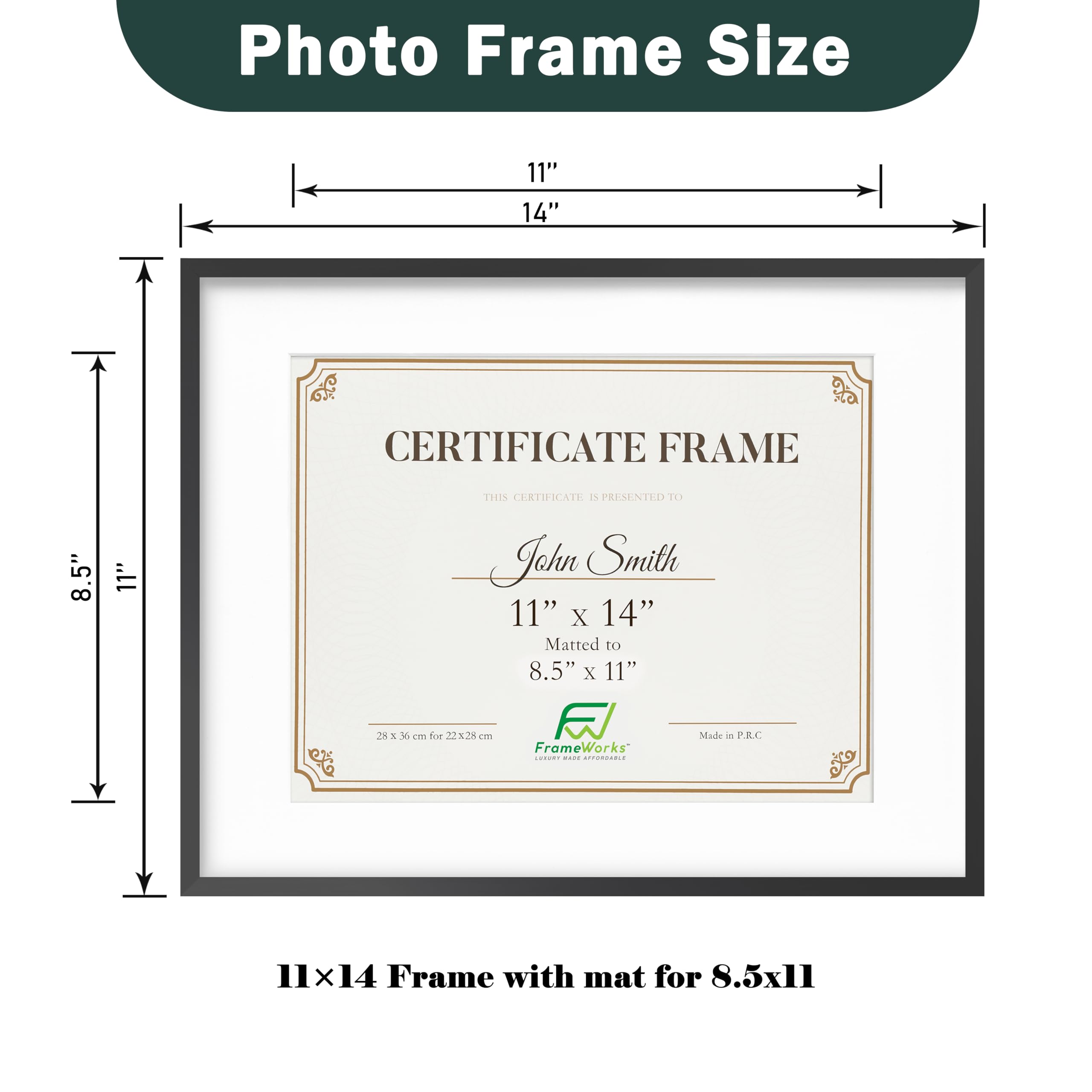 FrameWorks 28 cm x 35 cm matowa do 21,5 cm x 28 cm – luksusowa czarna aluminiowa współczesna ramka dyplomowa ze szkłem hartowanym i zdejmowaną matą