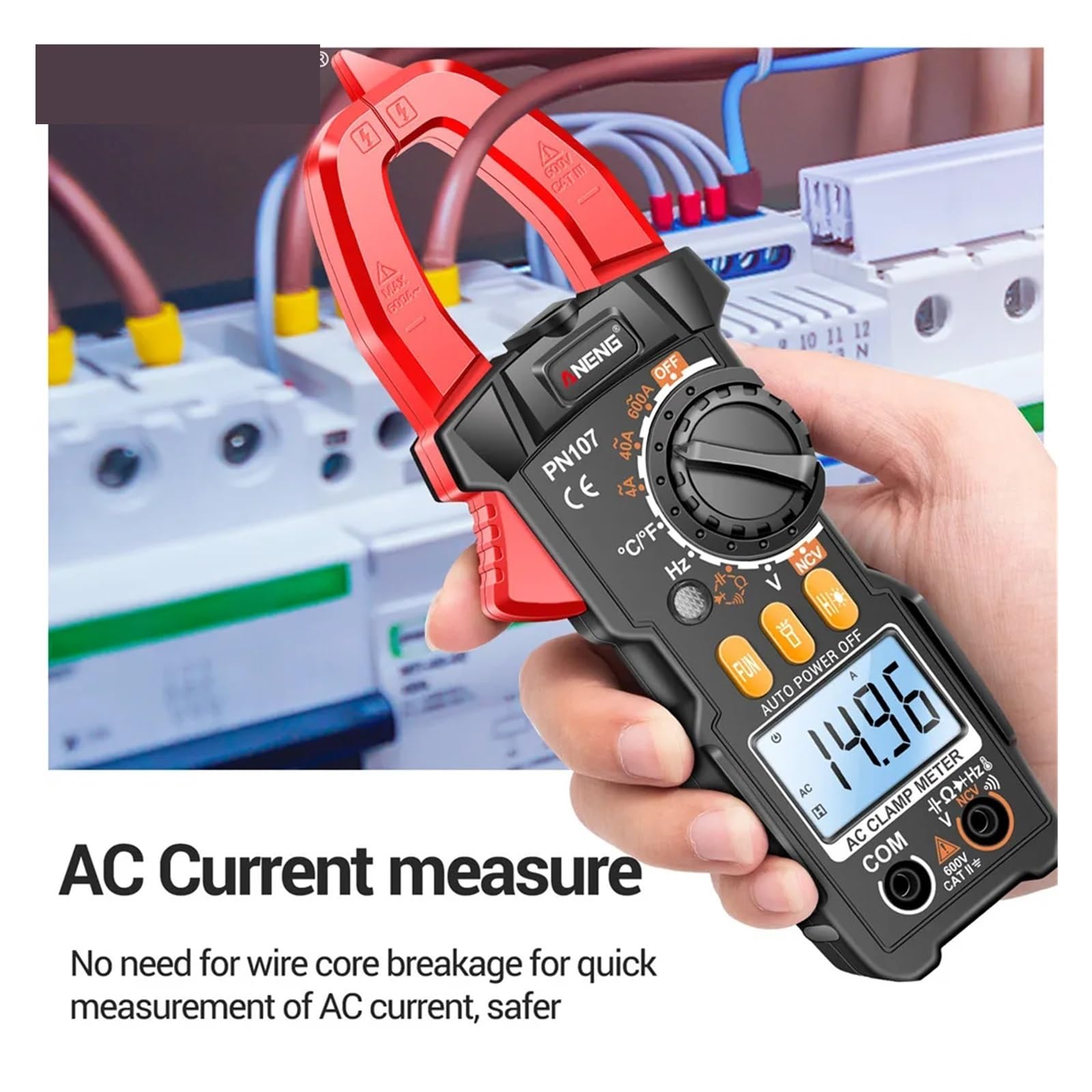PN107 Digital Clamp Meter 600A AC Current Tester Voltmeter Ammeter NCV Diode with Temperature Frequency Professional Tool(Black Pro)